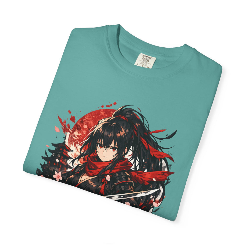 Samurai Anime Girl T-Shirt — Red Moon & Sakura Sword Art Tee