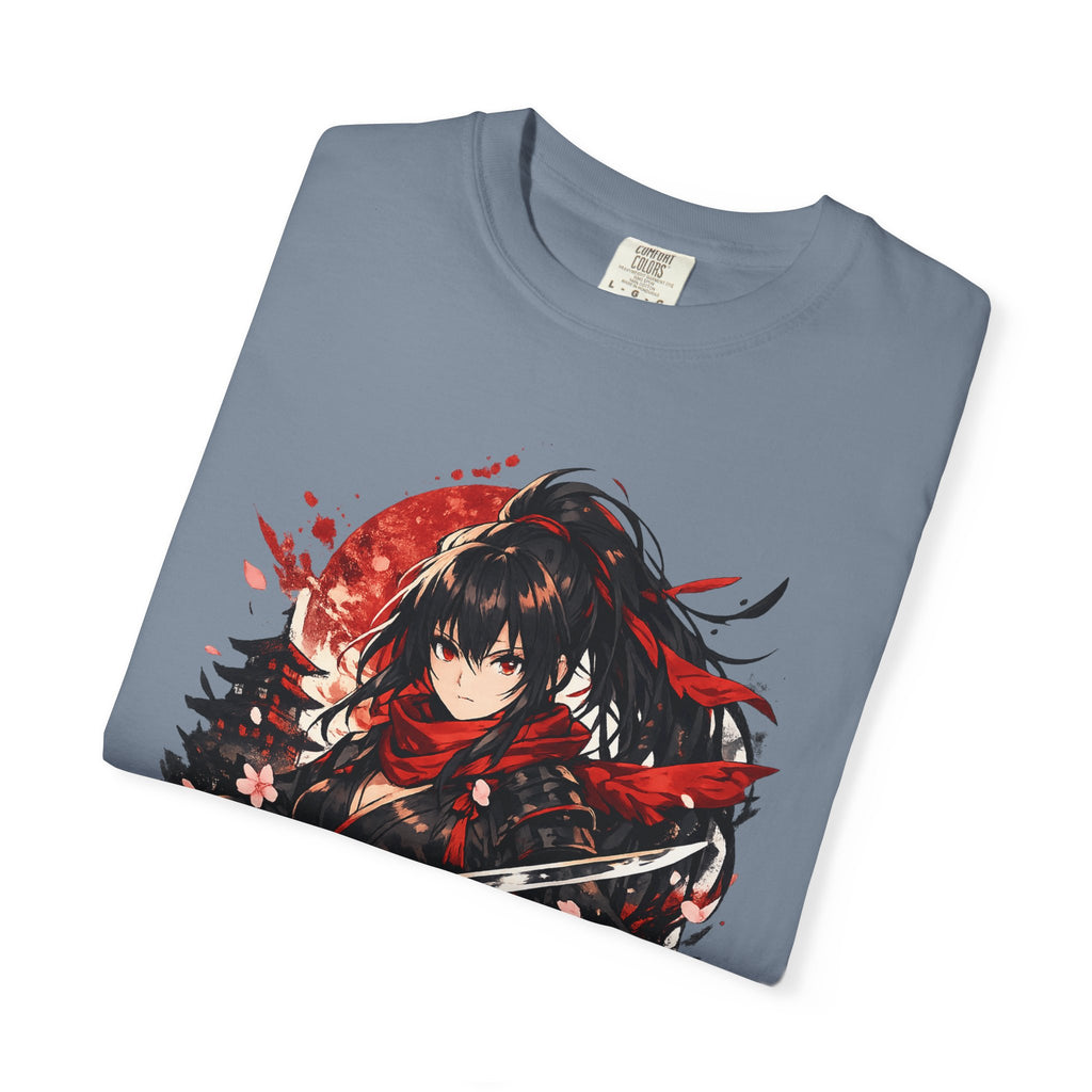 Samurai Anime Girl T-Shirt — Red Moon & Sakura Sword Art Tee