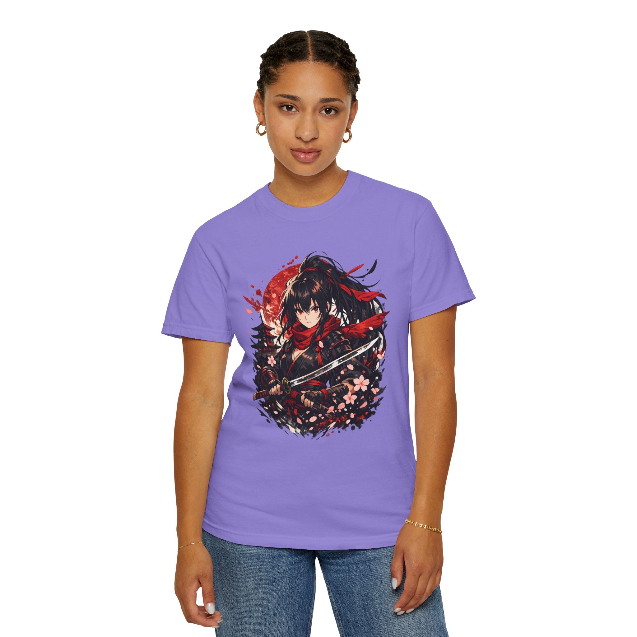 Samurai Anime Girl T-Shirt — Red Moon & Sakura Sword Art Tee
