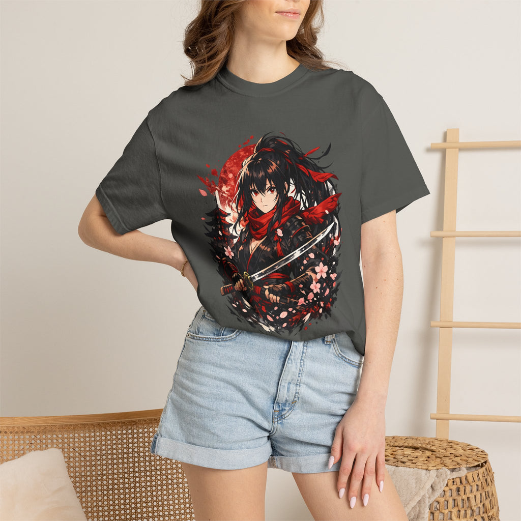 Samurai Anime Girl T-Shirt — Red Moon & Sakura Sword Art Tee