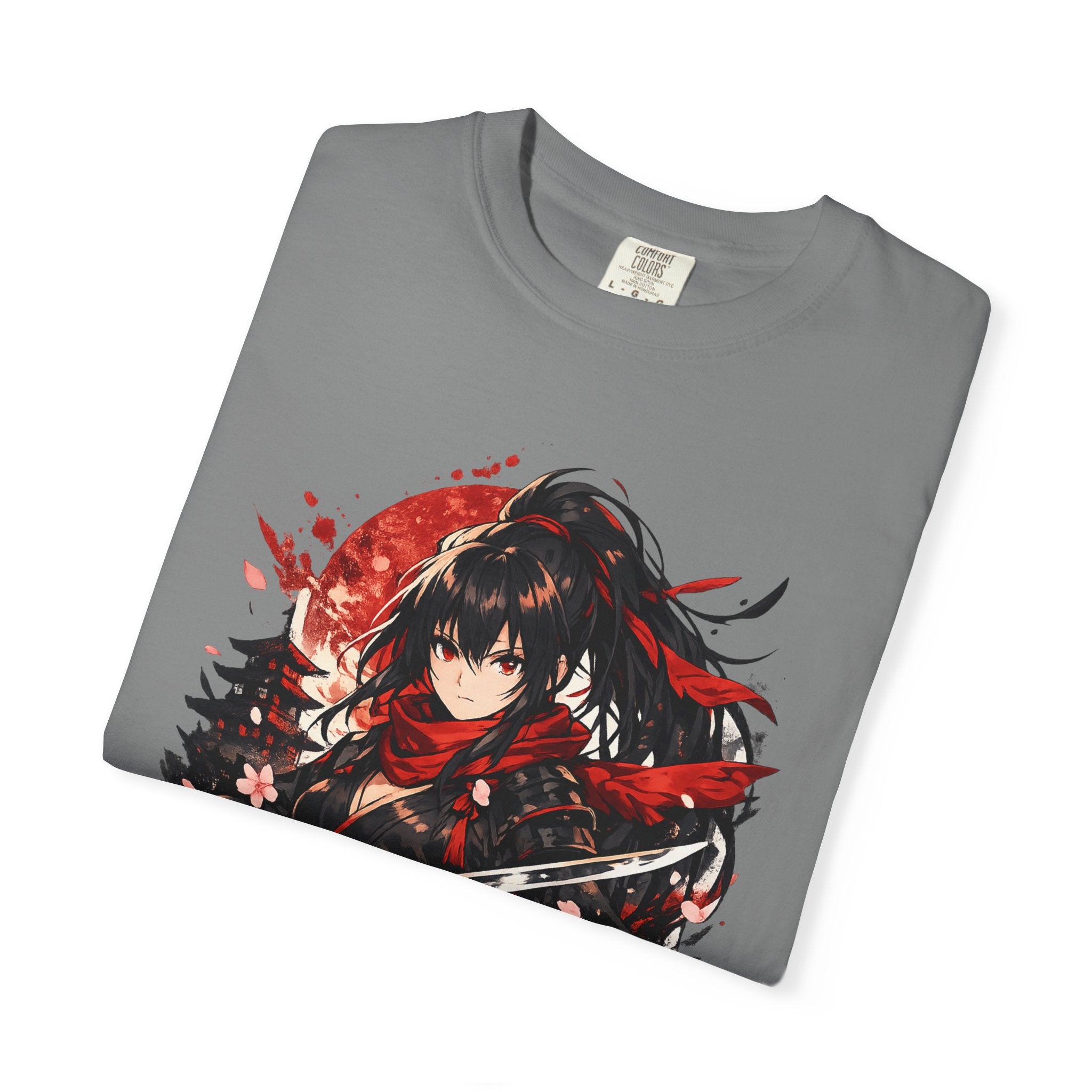 Samurai Anime Girl T-Shirt — Red Moon & Sakura Sword Art Tee