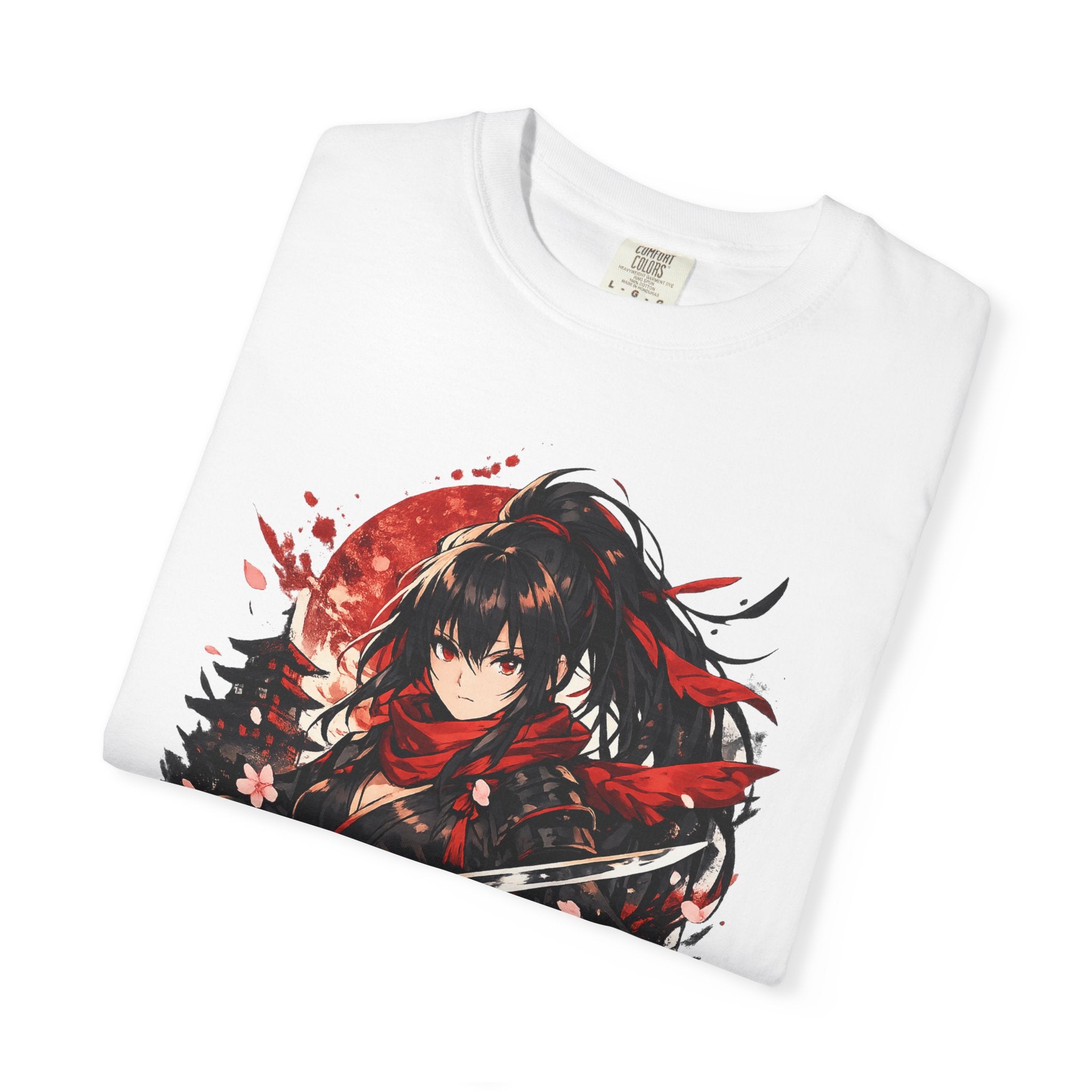 Samurai Anime Girl T-Shirt — Red Moon & Sakura Sword Art Tee