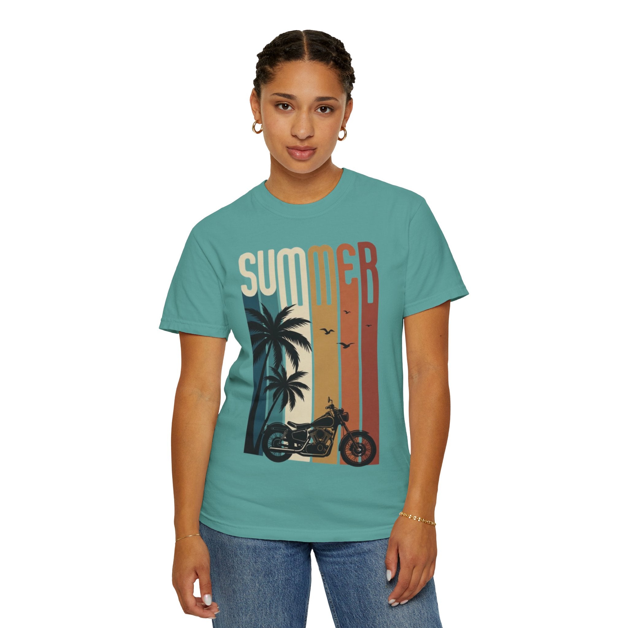 Summer Motorcycle Tee — Retro Palm Tree Beach Graphic T-Shirt