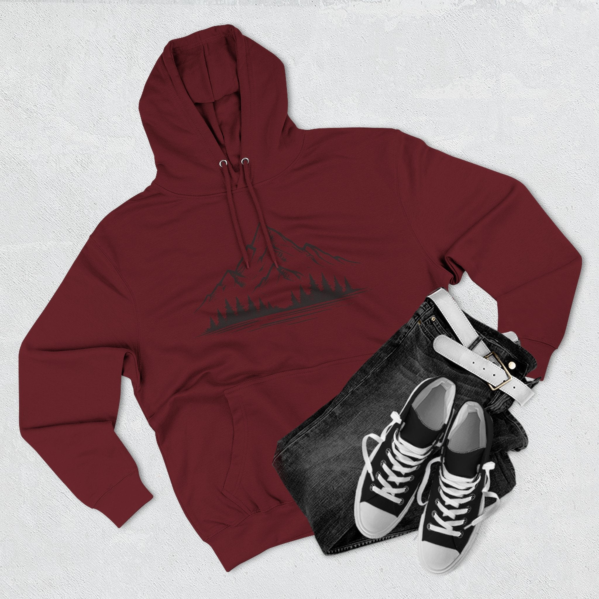Mountain Pines Hoodie — Minimal Mountain & Forest Graphic Pullover