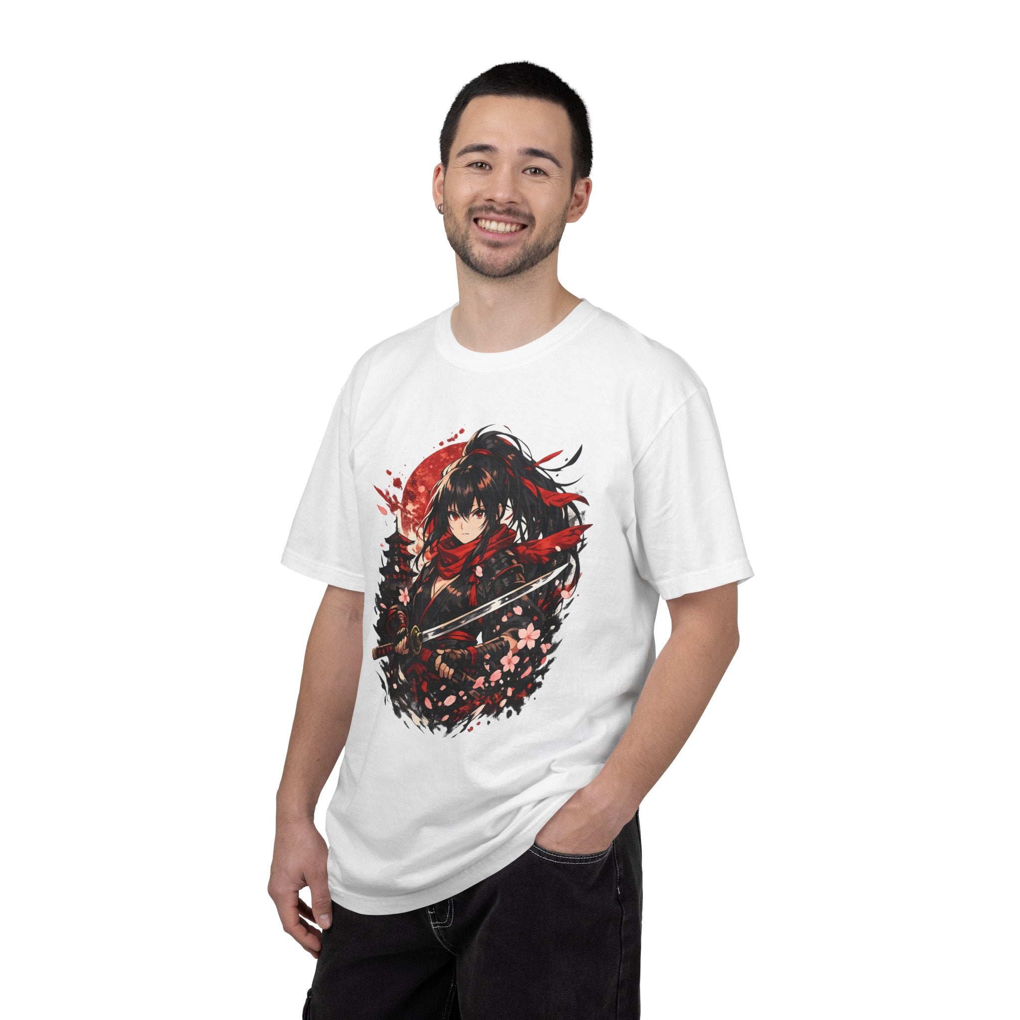 Samurai Anime Girl T-Shirt — Red Moon & Sakura Sword Art Tee