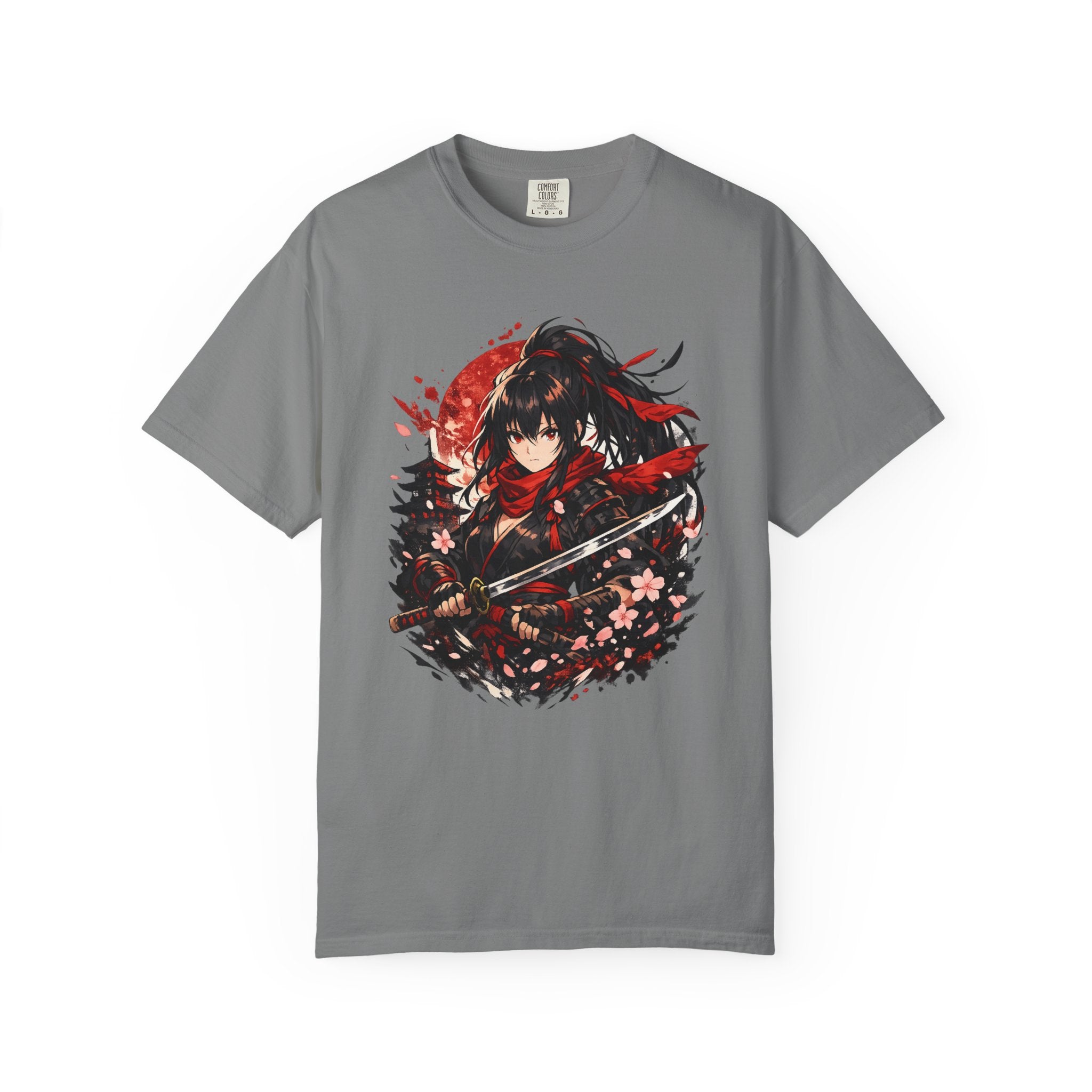 Samurai Anime Girl T-Shirt — Red Moon & Sakura Sword Art Tee