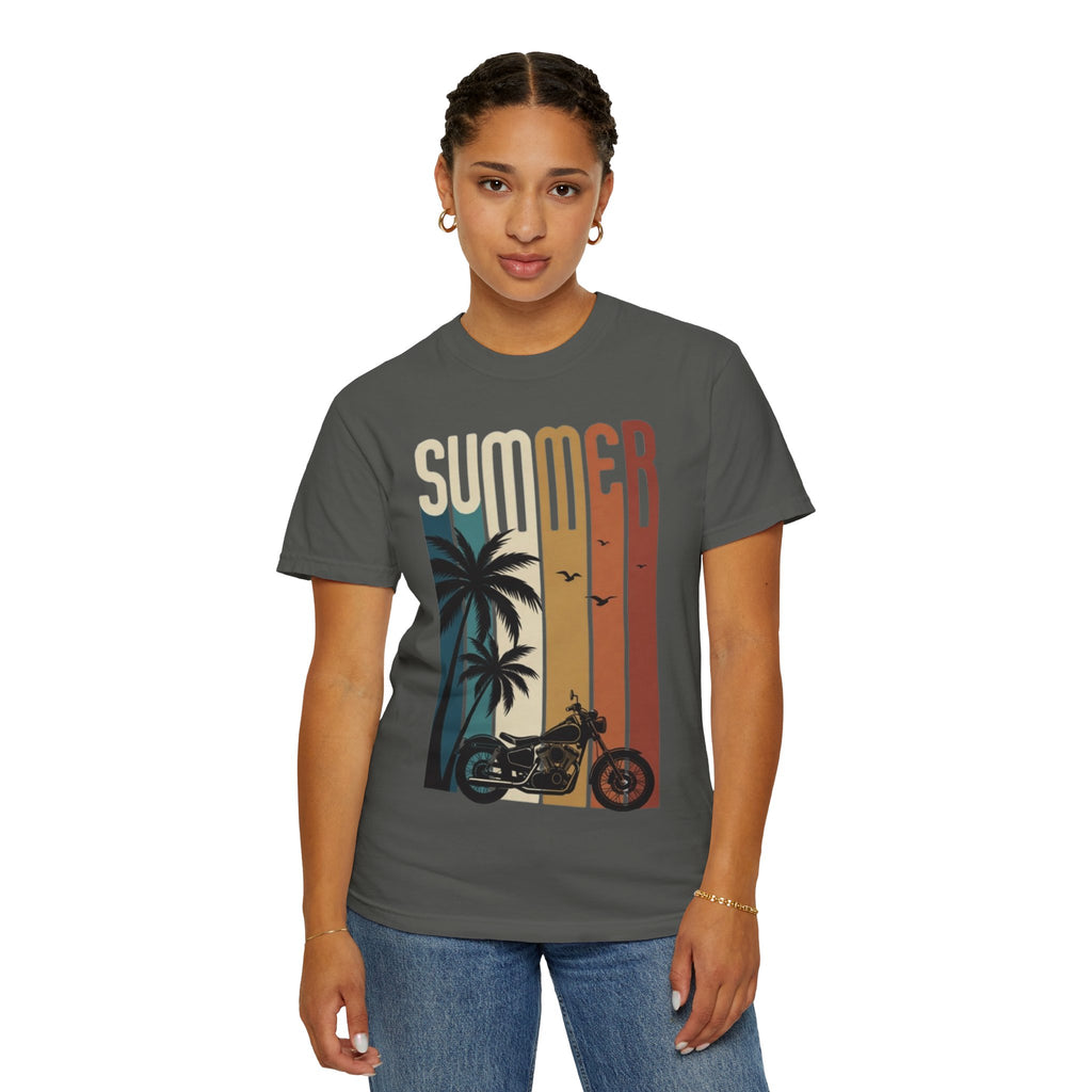 Summer Motorcycle Tee — Retro Palm Tree Beach Graphic T-Shirt