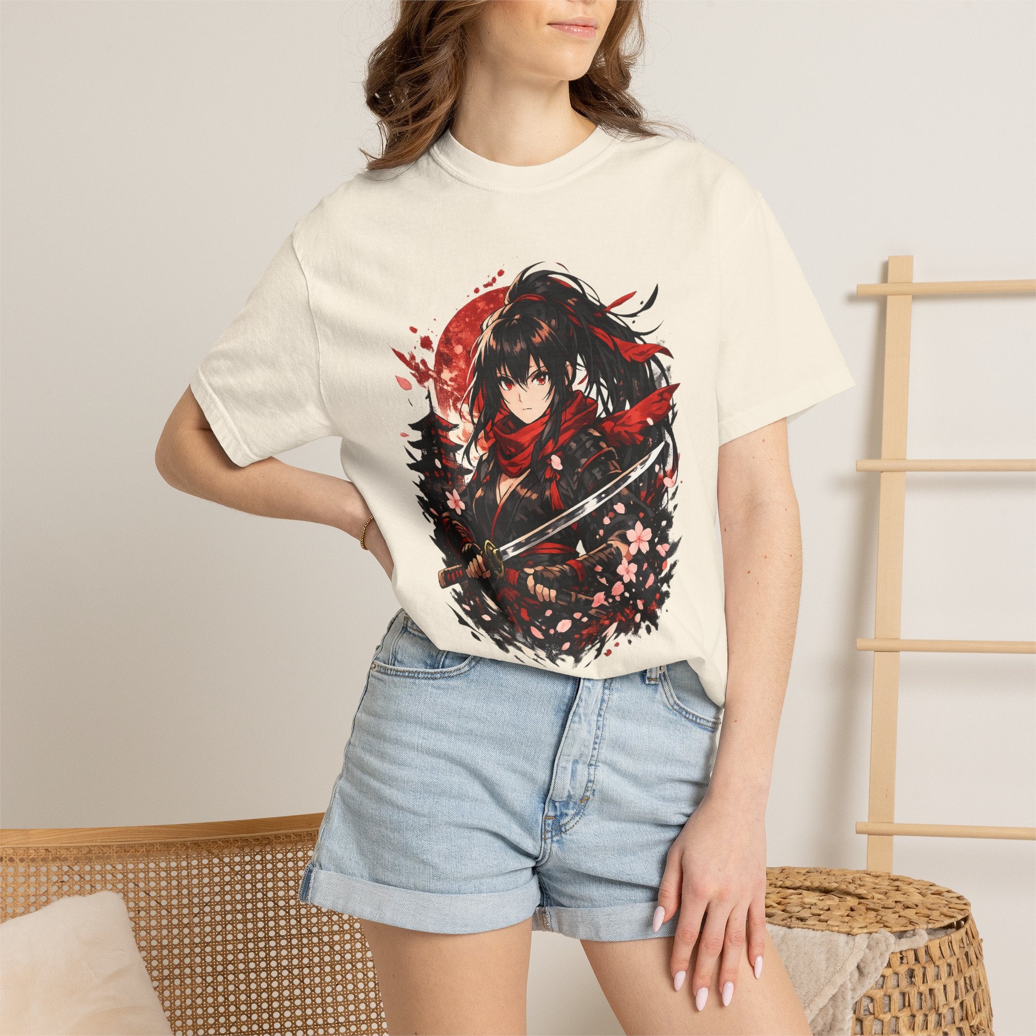Samurai Anime Girl T-Shirt — Red Moon & Sakura Sword Art Tee