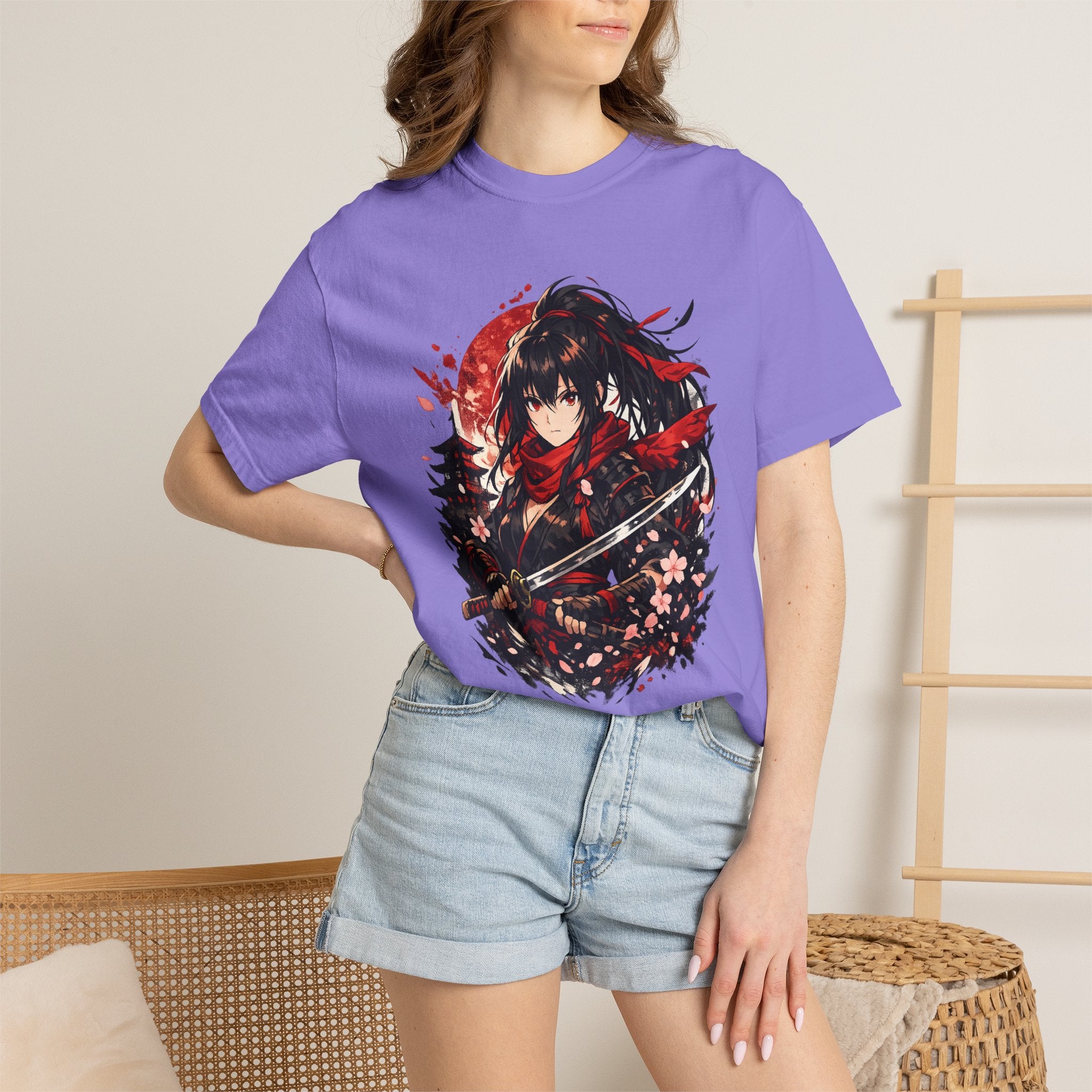 Samurai Anime Girl T-Shirt — Red Moon & Sakura Sword Art Tee