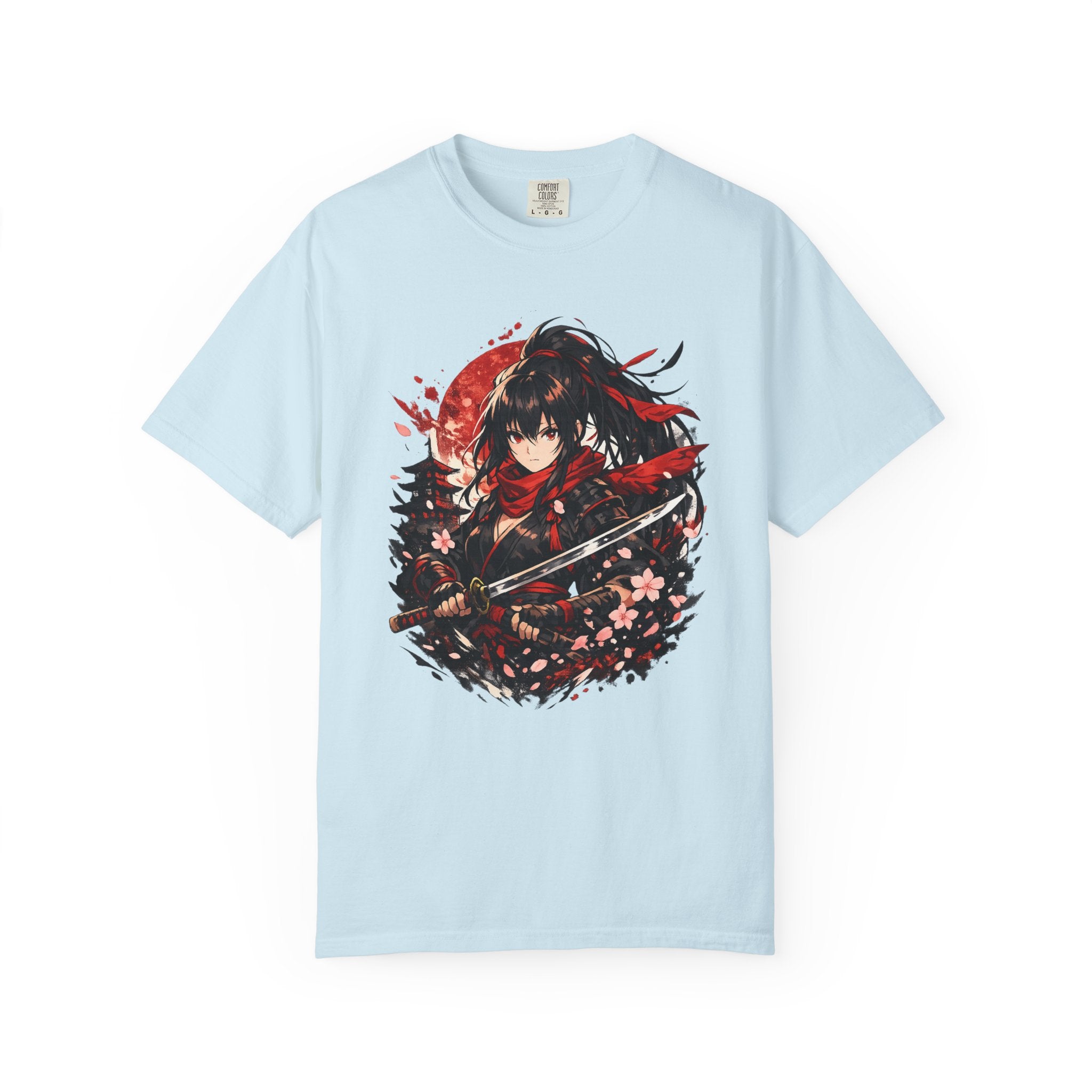 Samurai Anime Girl T-Shirt — Red Moon & Sakura Sword Art Tee