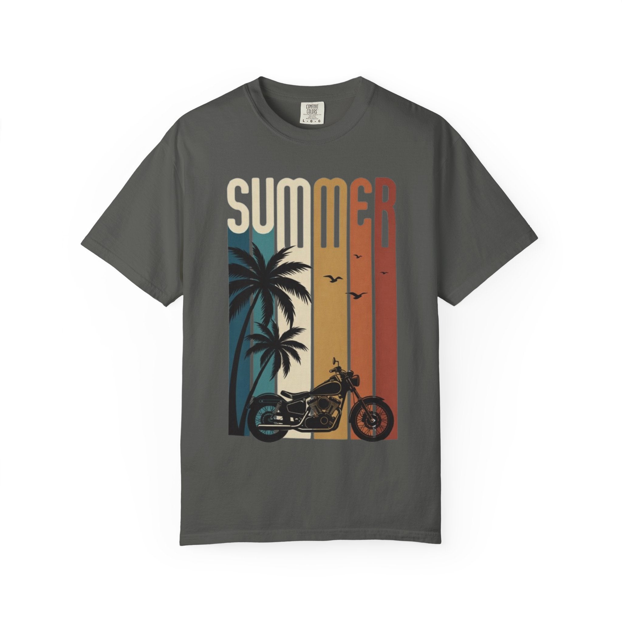 Summer Motorcycle Tee — Retro Palm Tree Beach Graphic T-Shirt
