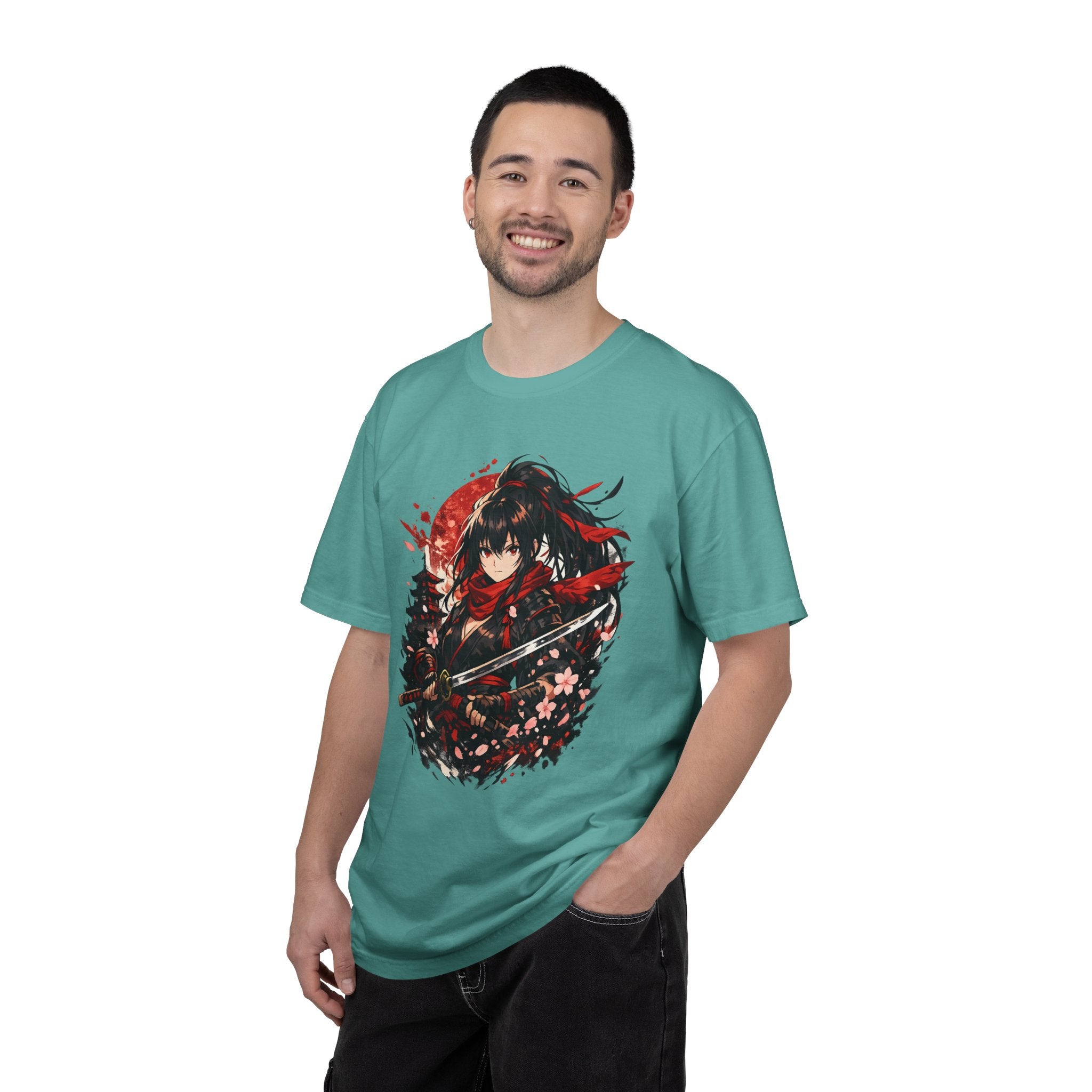 Samurai Anime Girl T-Shirt — Red Moon & Sakura Sword Art Tee