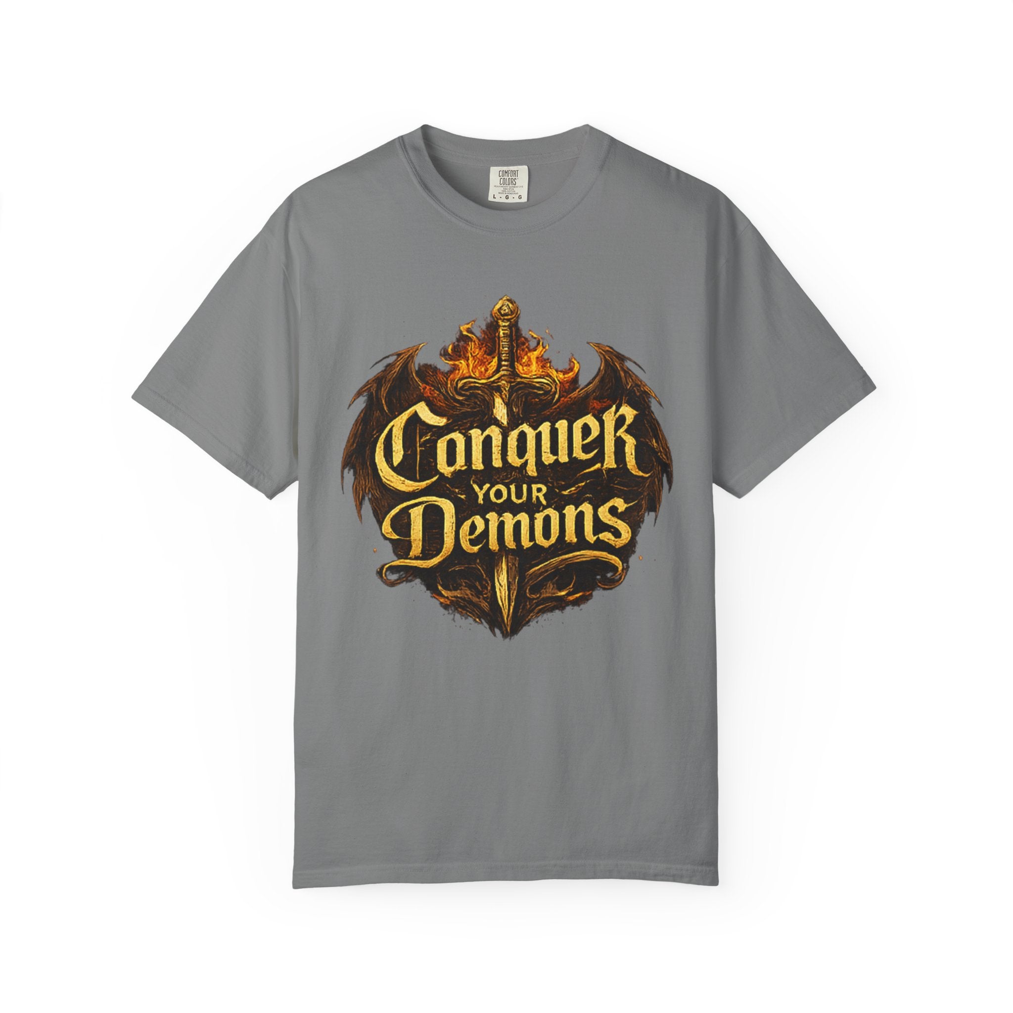 Conquer Your Demons T-Shirt — Gothic Sword & Flames Motivational Tee