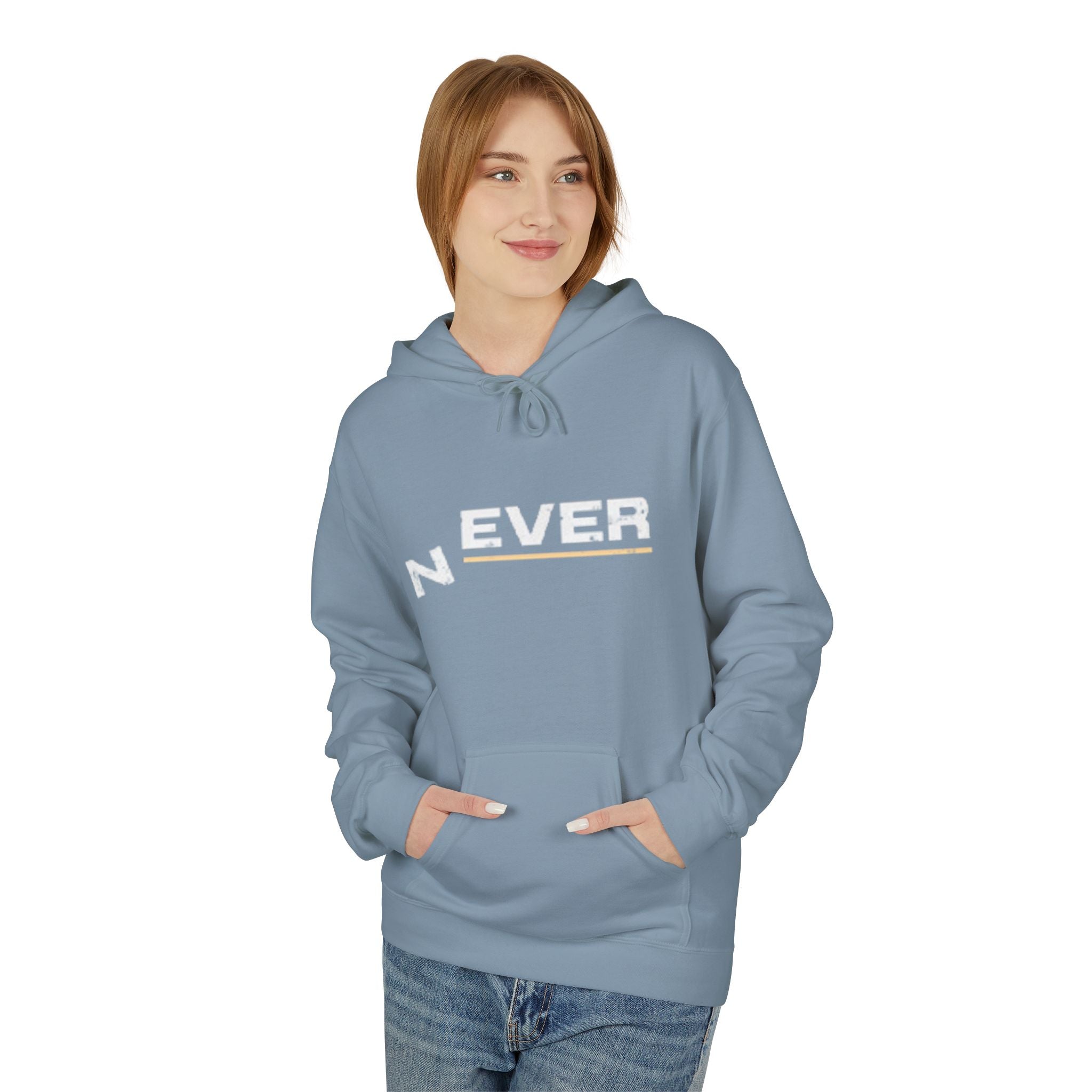 Never Typography Hoodie — Brown Casual Graphic Pullover