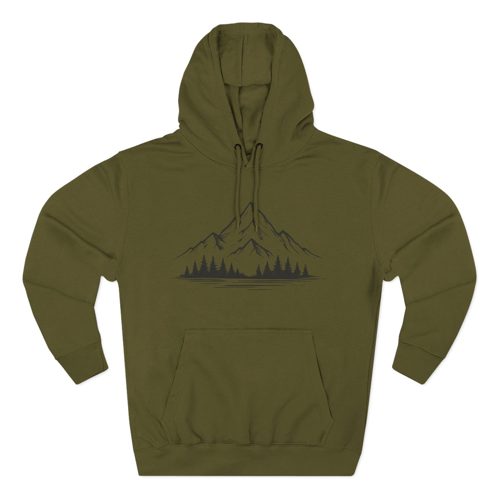 Mountain Pines Hoodie — Minimal Mountain & Forest Graphic Pullover