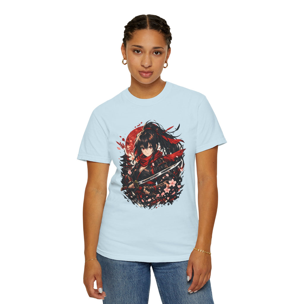 Samurai Anime Girl T-Shirt — Red Moon & Sakura Sword Art Tee
