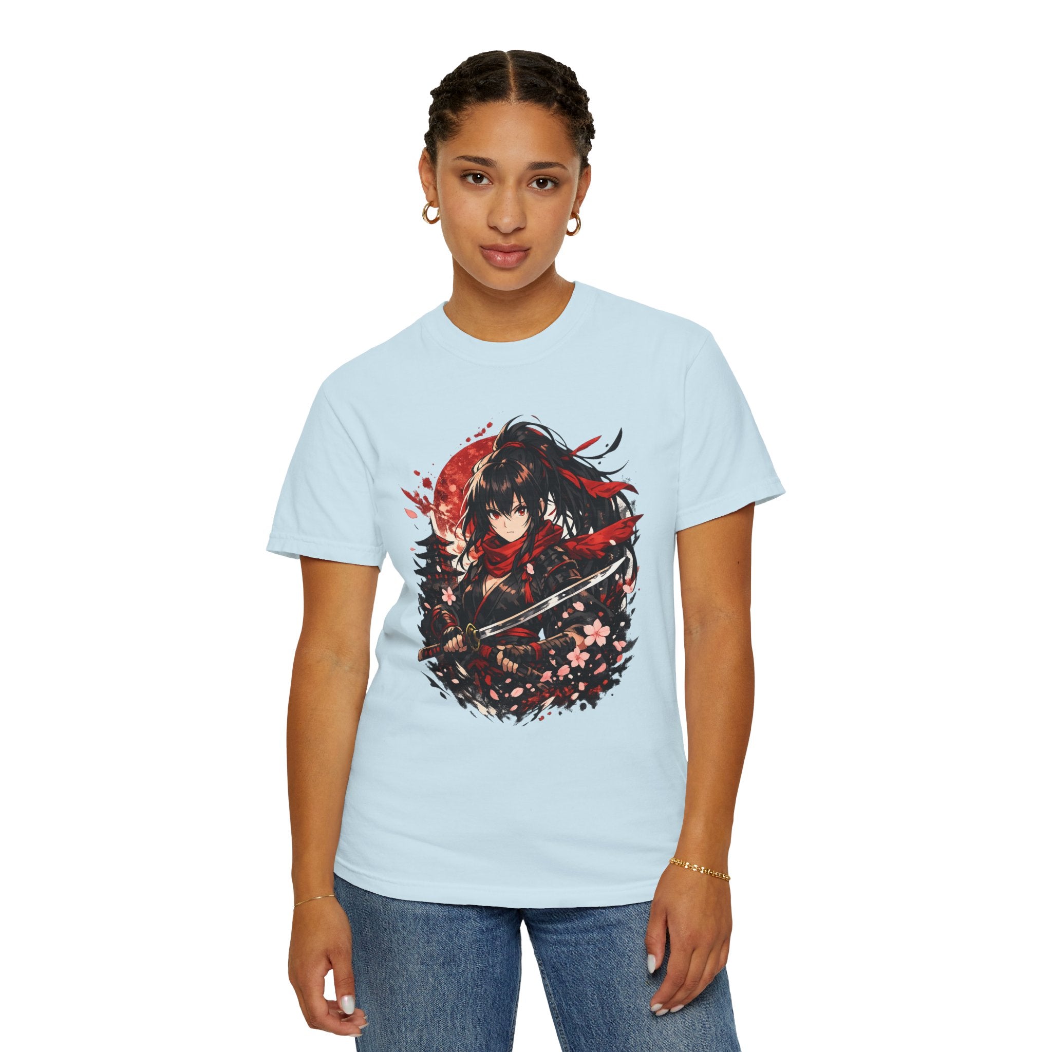 Samurai Anime Girl T-Shirt — Red Moon & Sakura Sword Art Tee