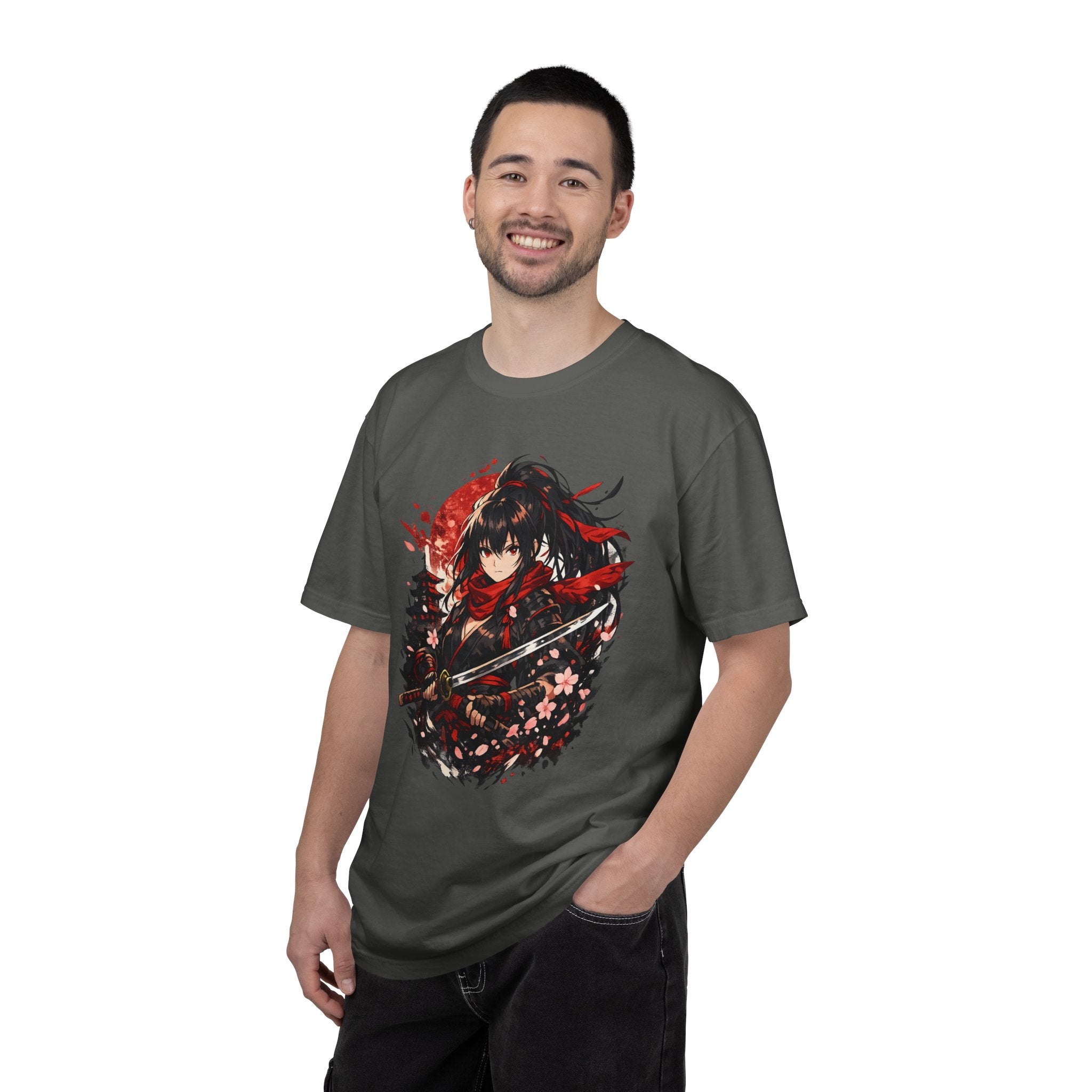 Samurai Anime Girl T-Shirt — Red Moon & Sakura Sword Art Tee