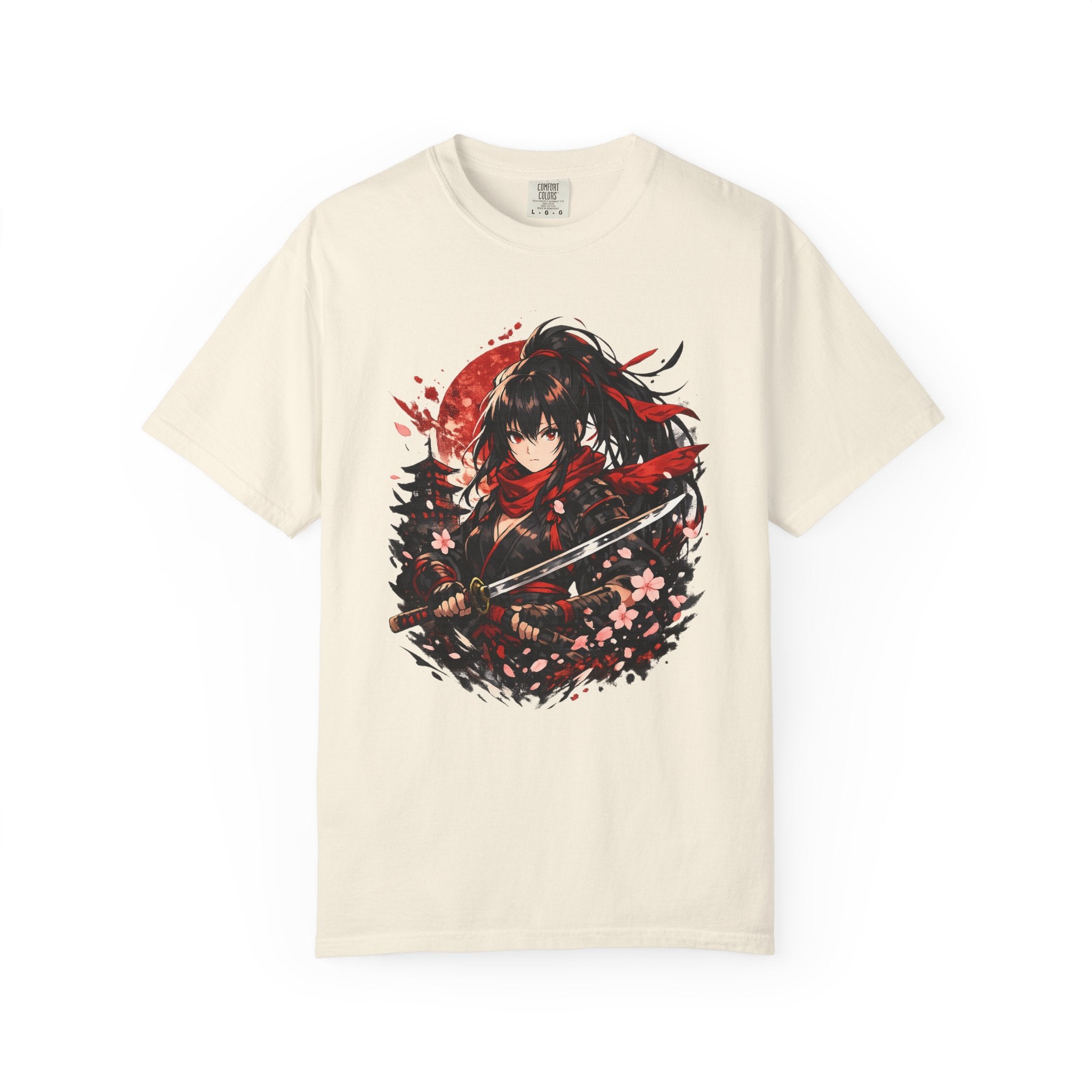 Samurai Anime Girl T-Shirt — Red Moon & Sakura Sword Art Tee