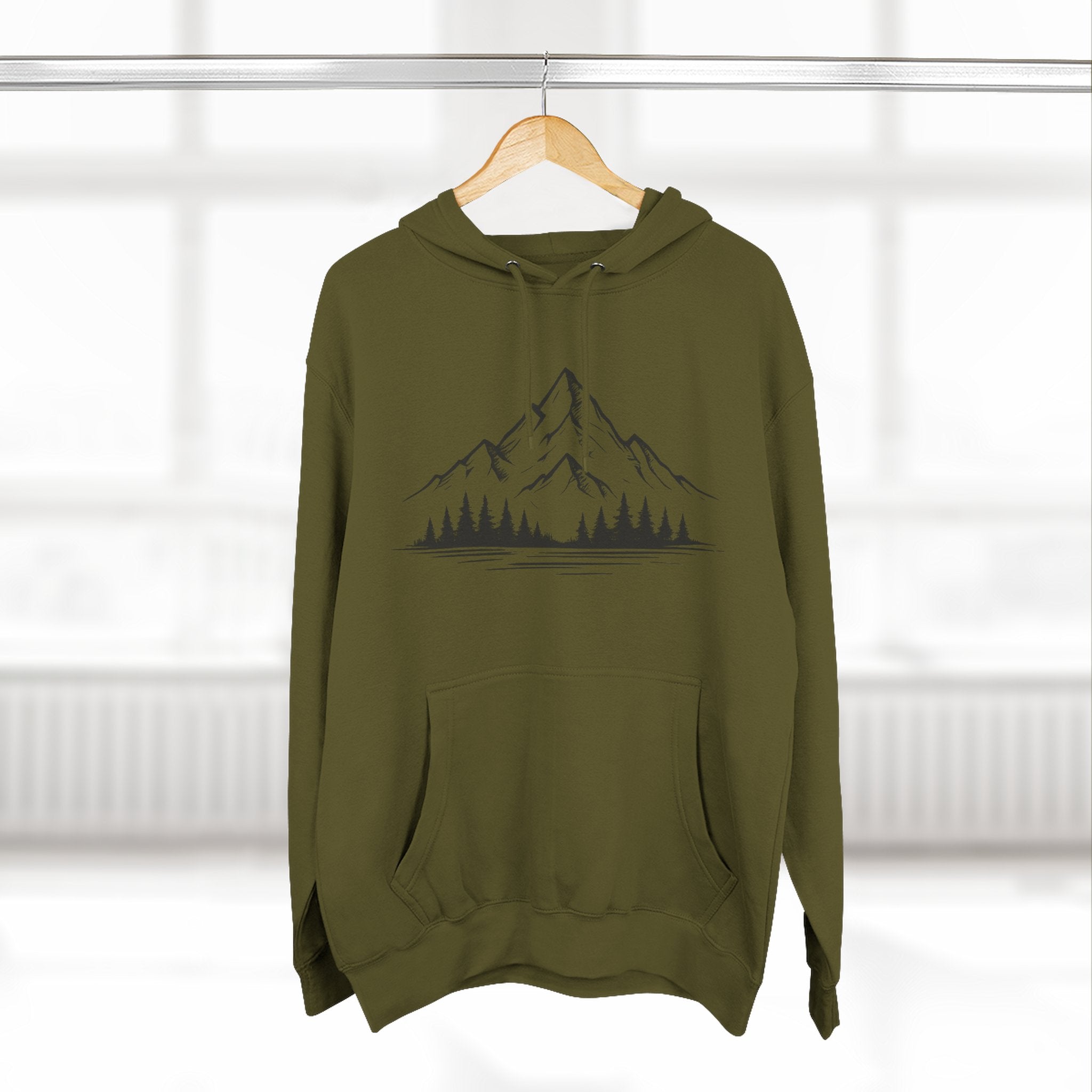 Mountain Pines Hoodie — Minimal Mountain & Forest Graphic Pullover