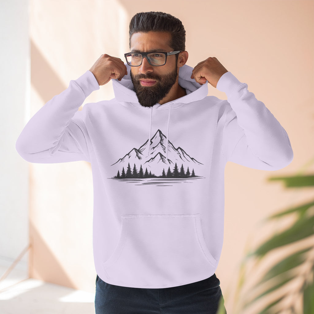 Mountain Pines Hoodie — Minimal Mountain & Forest Graphic Pullover