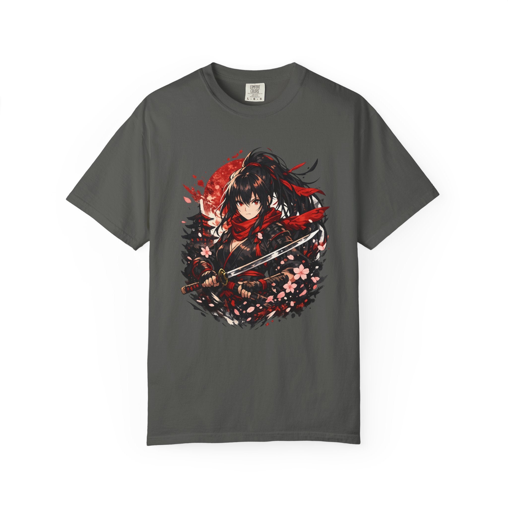Samurai Anime Girl T-Shirt — Red Moon & Sakura Sword Art Tee