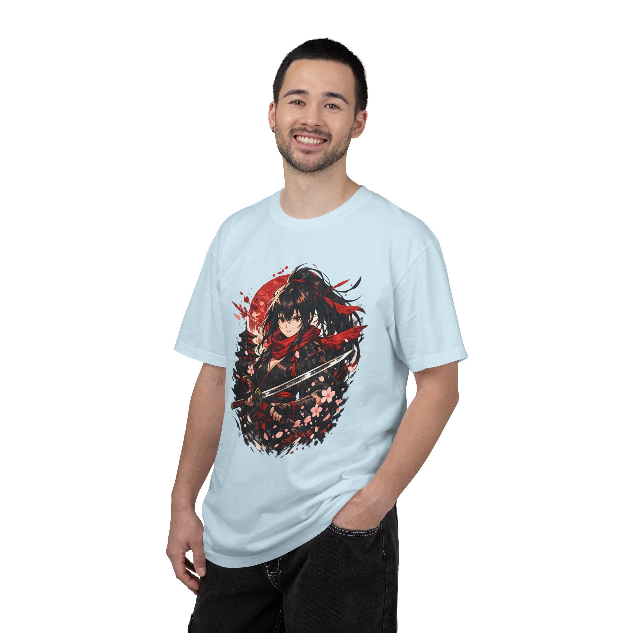 Samurai Anime Girl T-Shirt — Red Moon & Sakura Sword Art Tee