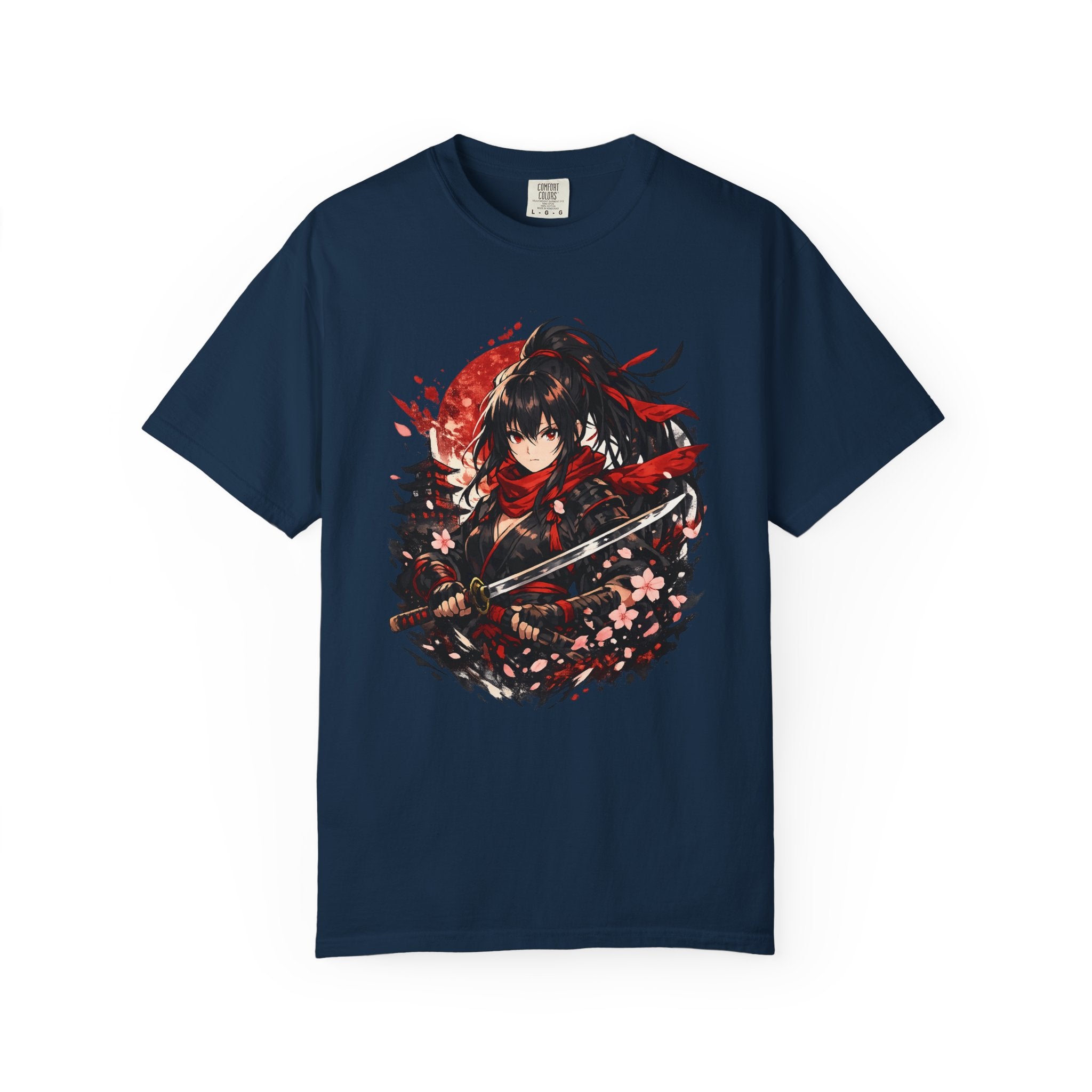 Samurai Anime Girl T-Shirt — Red Moon & Sakura Sword Art Tee