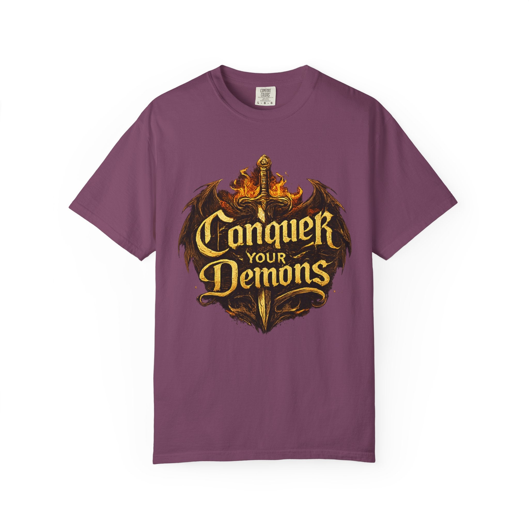 Conquer Your Demons T-Shirt — Gothic Sword & Flames Motivational Tee