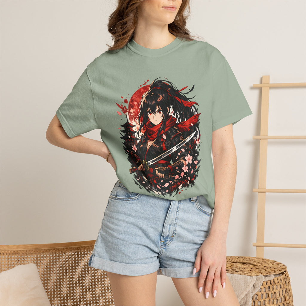 Samurai Anime Girl T-Shirt — Red Moon & Sakura Sword Art Tee