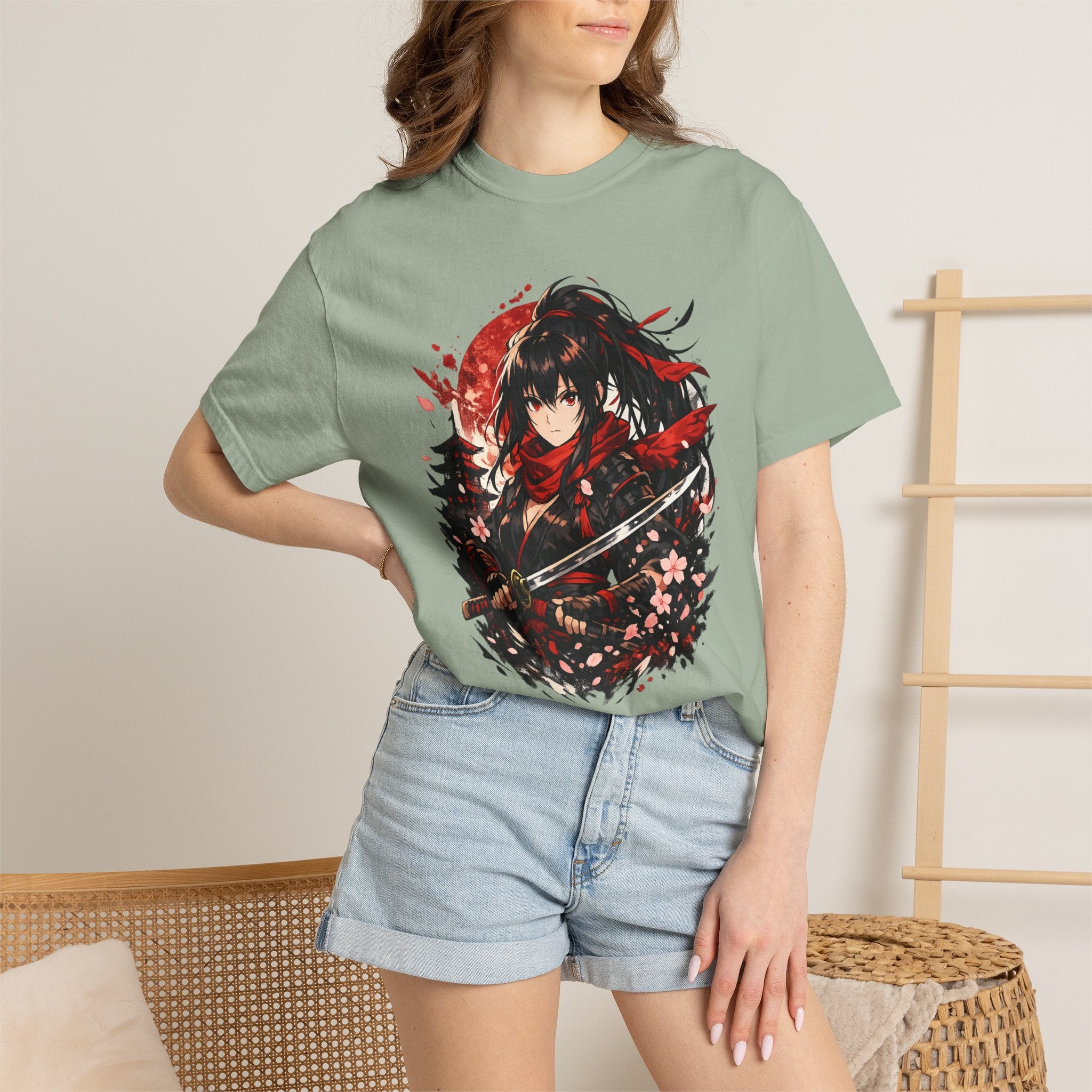 Samurai Anime Girl T-Shirt — Red Moon & Sakura Sword Art Tee