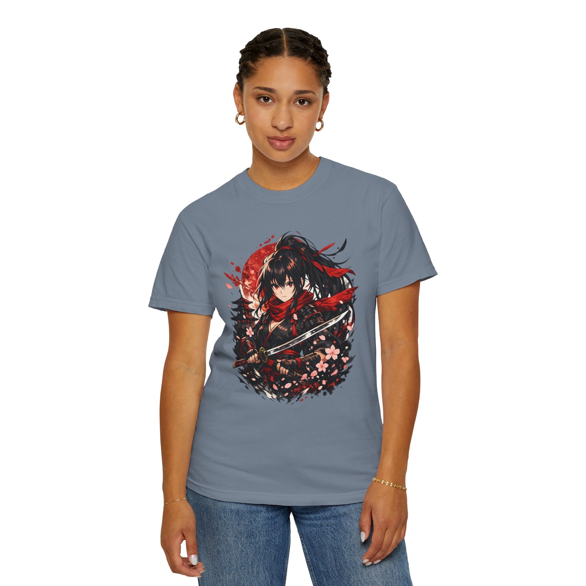 Samurai Anime Girl T-Shirt — Red Moon & Sakura Sword Art Tee