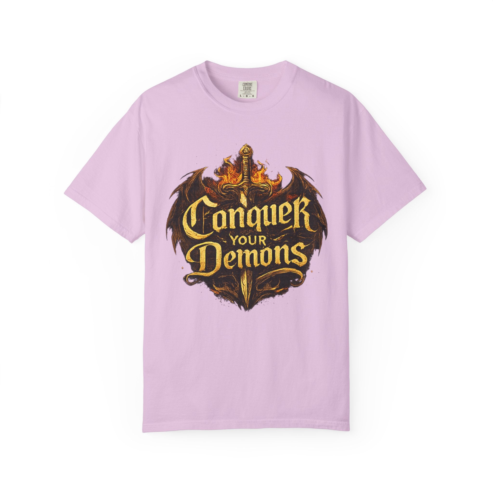 Conquer Your Demons T-Shirt — Gothic Sword & Flames Motivational Tee
