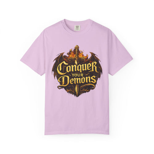 Conquer Your Demons T-Shirt — Gothic Sword & Flames Motivational Tee
