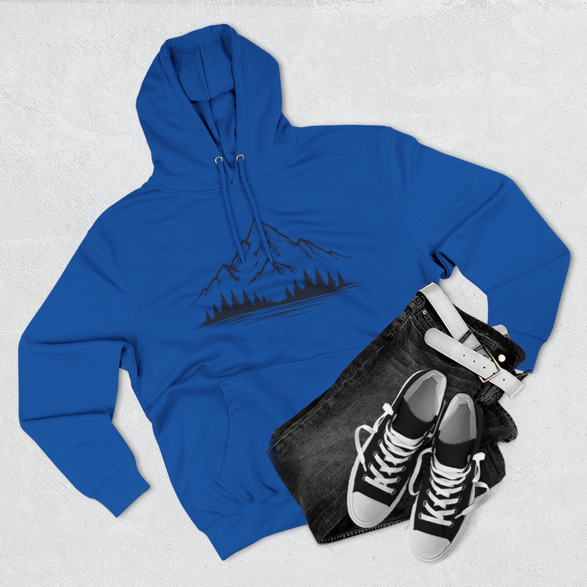 Mountain Pines Hoodie — Minimal Mountain & Forest Graphic Pullover