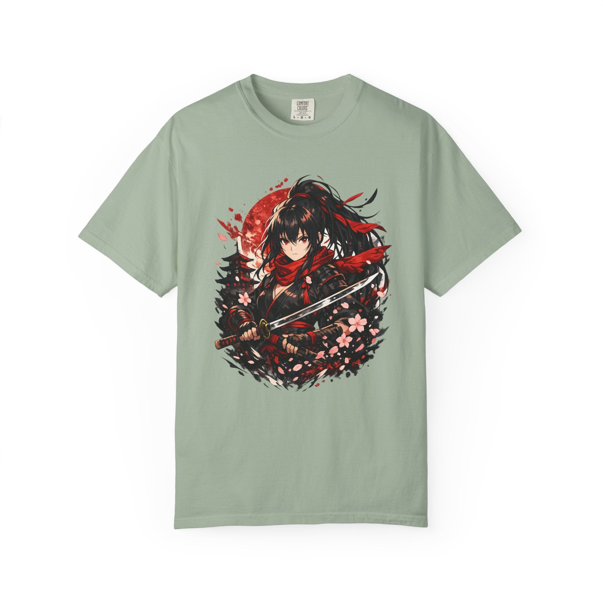 Samurai Anime Girl T-Shirt — Red Moon & Sakura Sword Art Tee
