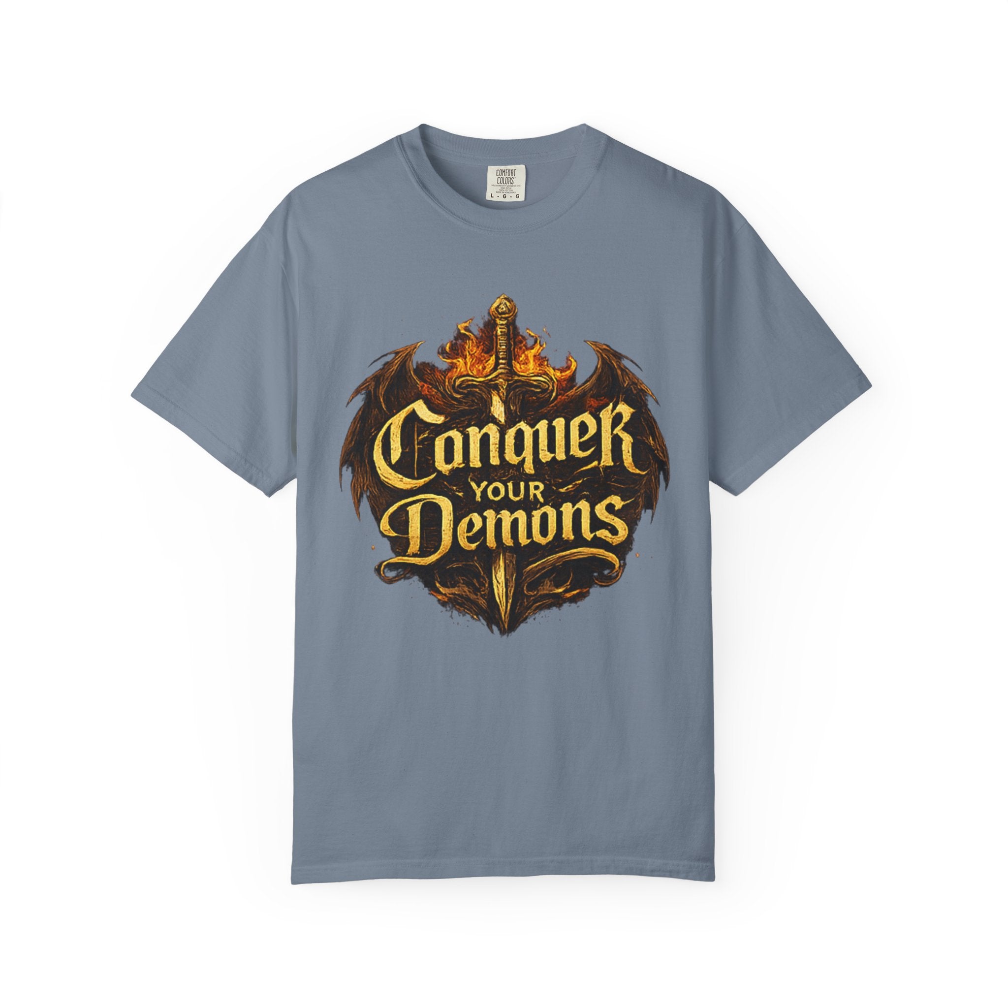 Conquer Your Demons T-Shirt — Gothic Sword & Flames Motivational Tee