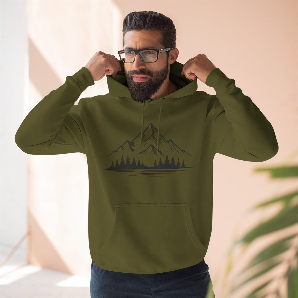 Mountain Pines Hoodie — Minimal Mountain & Forest Graphic Pullover