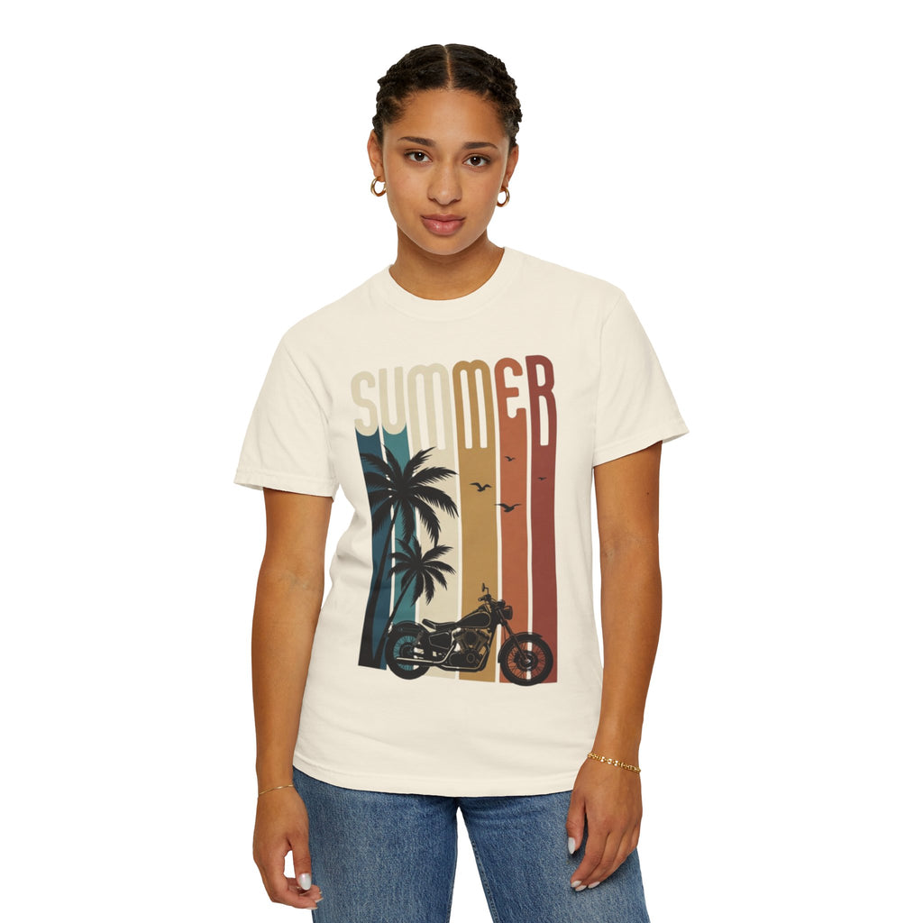 Summer Motorcycle Tee — Retro Palm Tree Beach Graphic T-Shirt