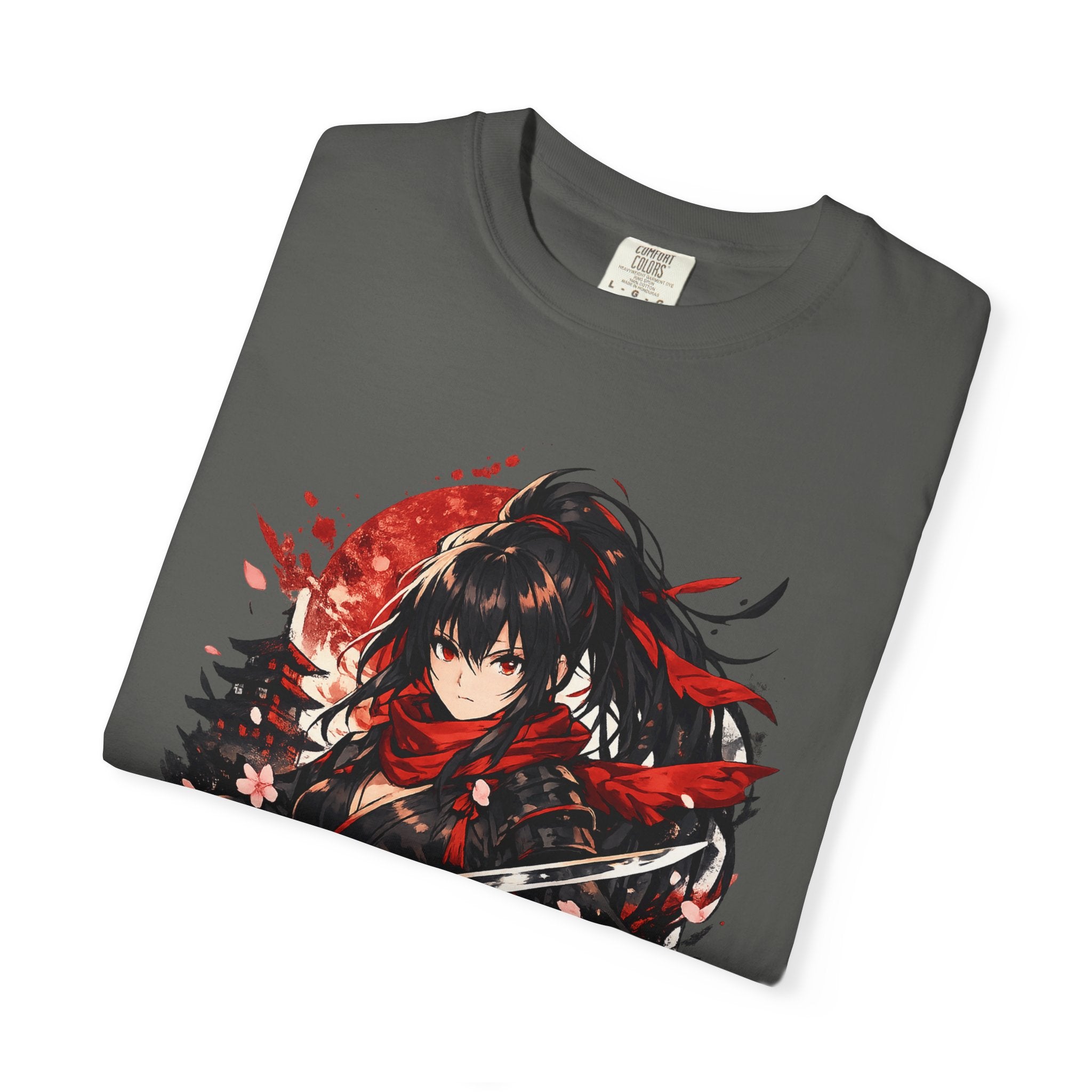 Samurai Anime Girl T-Shirt — Red Moon & Sakura Sword Art Tee