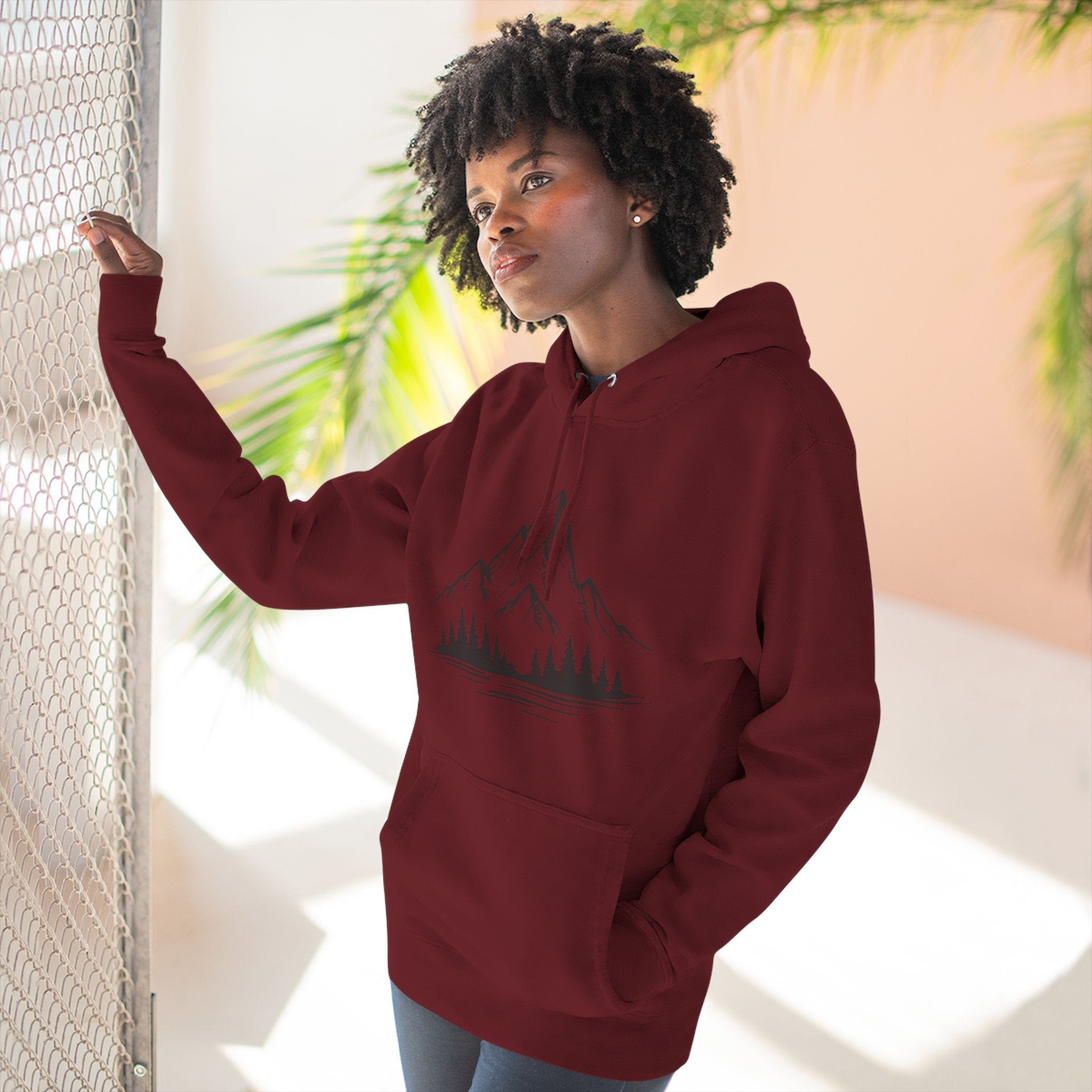 Mountain Pines Hoodie — Minimal Mountain & Forest Graphic Pullover