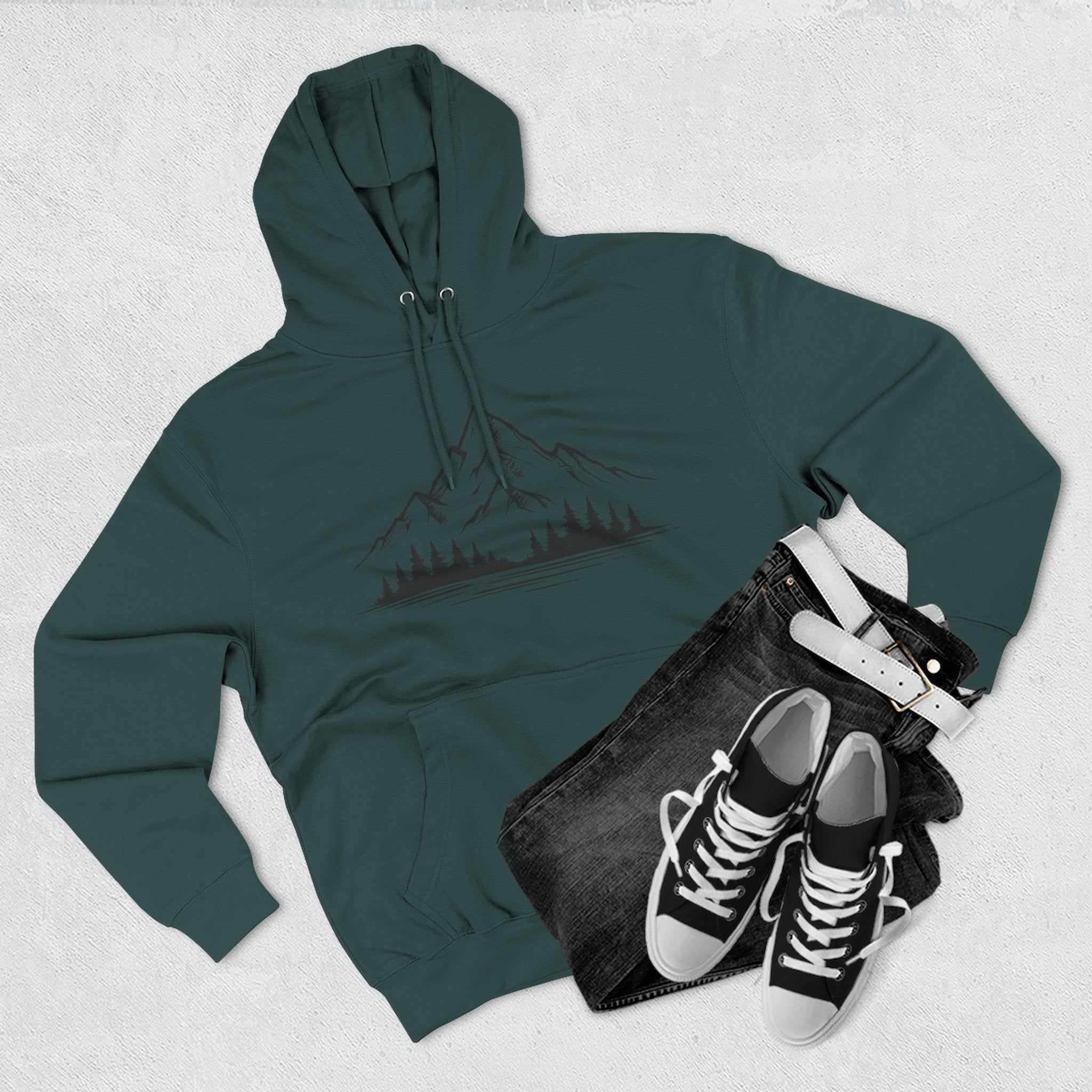Mountain Pines Hoodie — Minimal Mountain & Forest Graphic Pullover