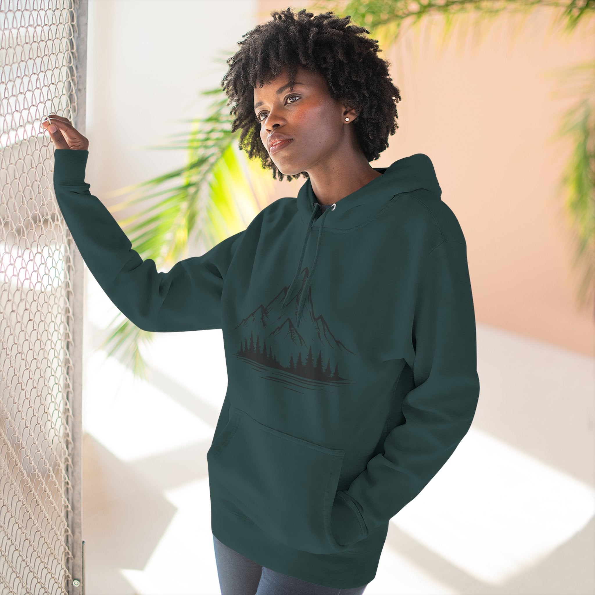 Mountain Pines Hoodie — Minimal Mountain & Forest Graphic Pullover