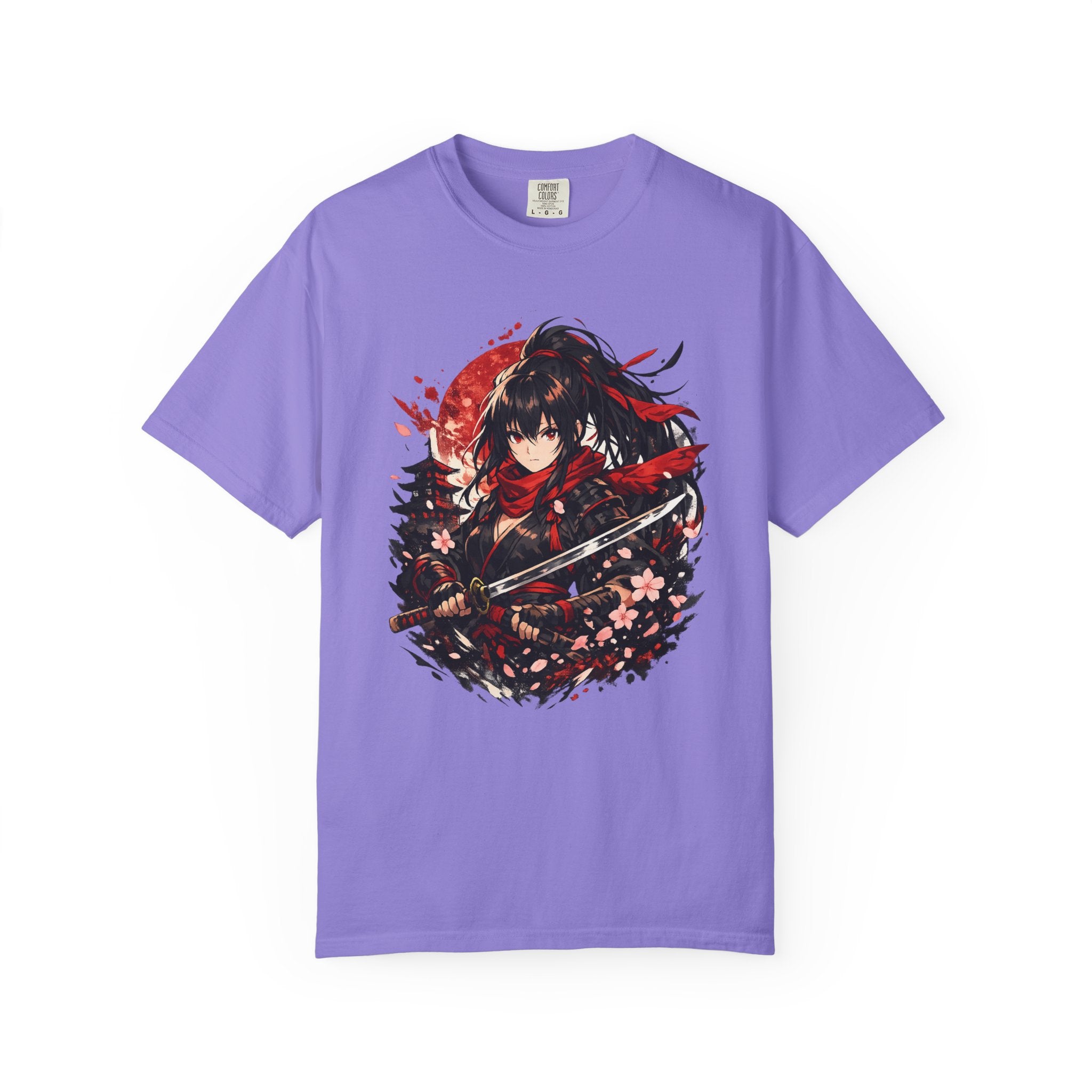 Samurai Anime Girl T-Shirt — Red Moon & Sakura Sword Art Tee