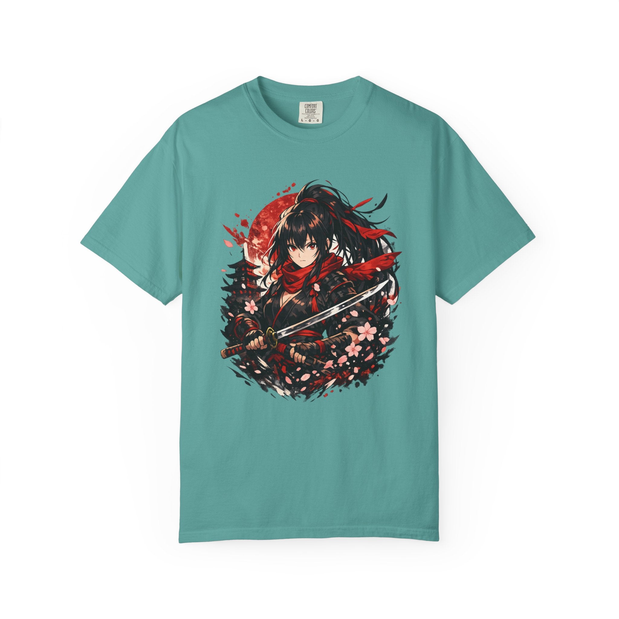 Samurai Anime Girl T-Shirt — Red Moon & Sakura Sword Art Tee