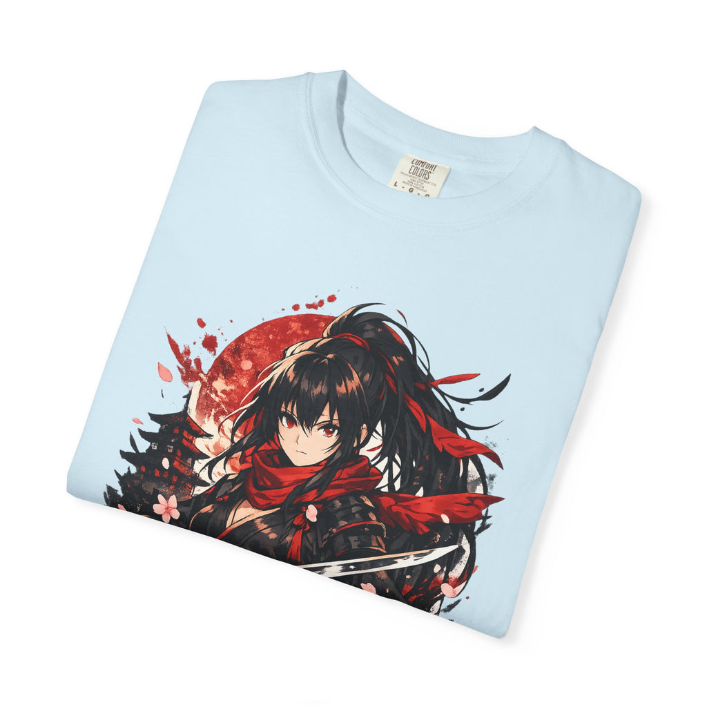 Samurai Anime Girl T-Shirt — Red Moon & Sakura Sword Art Tee