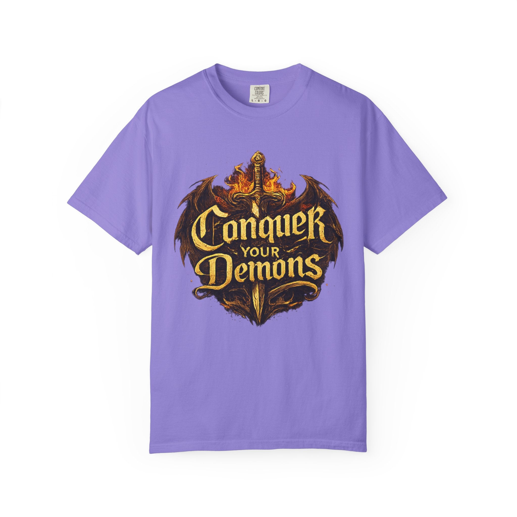 Conquer Your Demons T-Shirt — Gothic Sword & Flames Motivational Tee