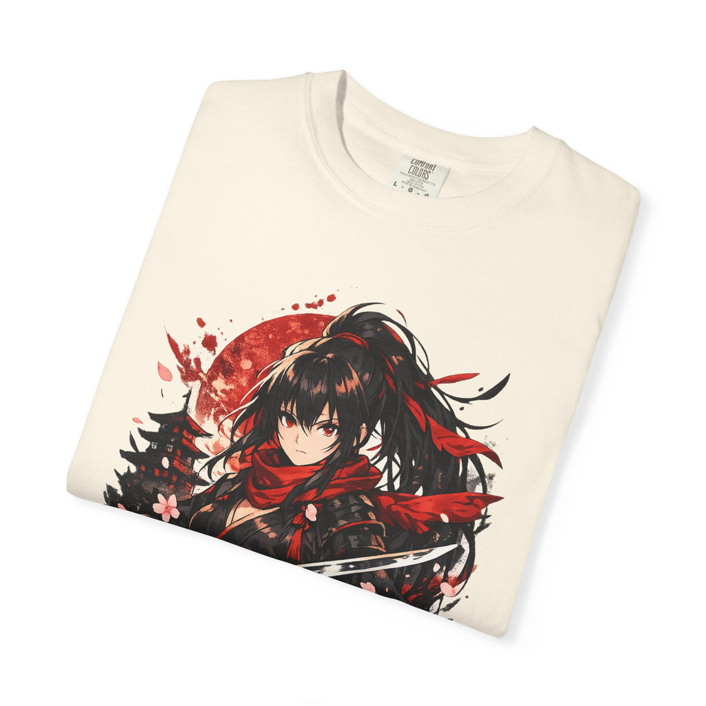Samurai Anime Girl T-Shirt — Red Moon & Sakura Sword Art Tee