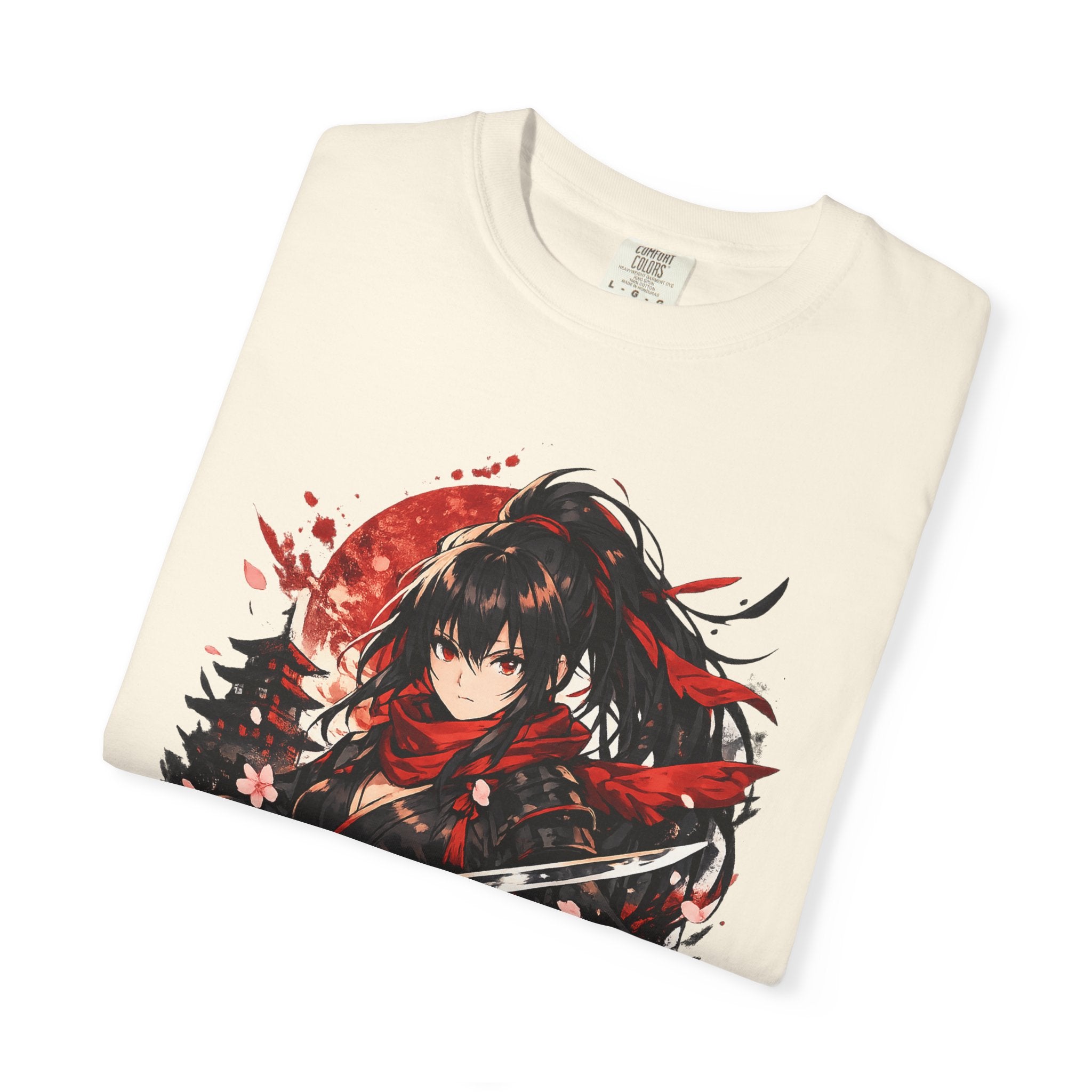 Samurai Anime Girl T-Shirt — Red Moon & Sakura Sword Art Tee