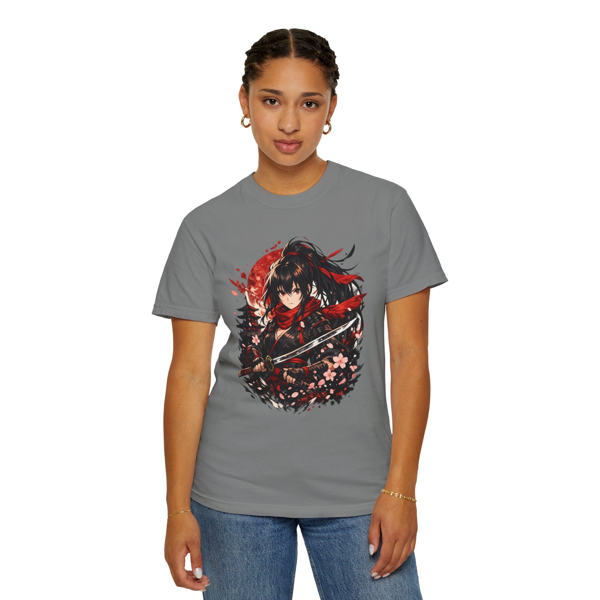 Samurai Anime Girl T-Shirt — Red Moon & Sakura Sword Art Tee